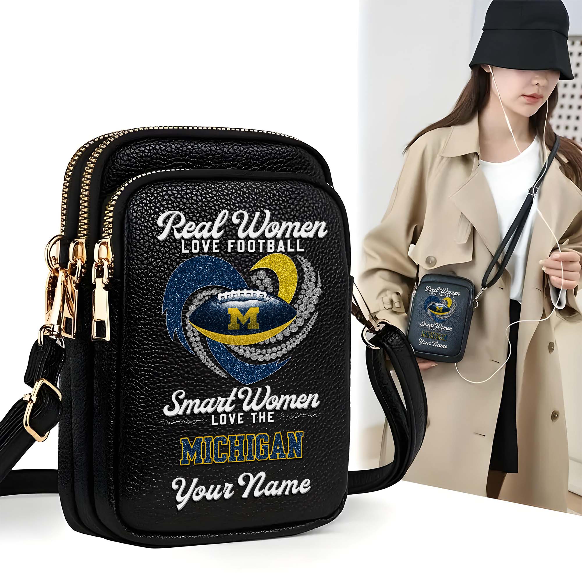 Michigan Wolverines Customized Women's Mobile Phone Bag with Your Name, Leather Crossbody Bag, Fan Gifts EHIVM-0212831