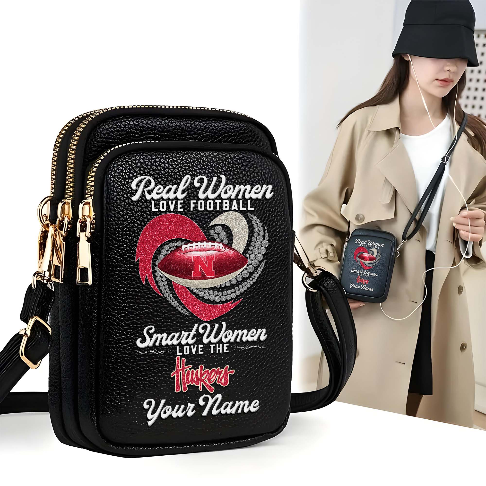 Nebraska Cornhuskers Customized Women's Mobile Phone Bag with Your Name, Leather Crossbody Bag, Fan Gifts EHIVM-0212831