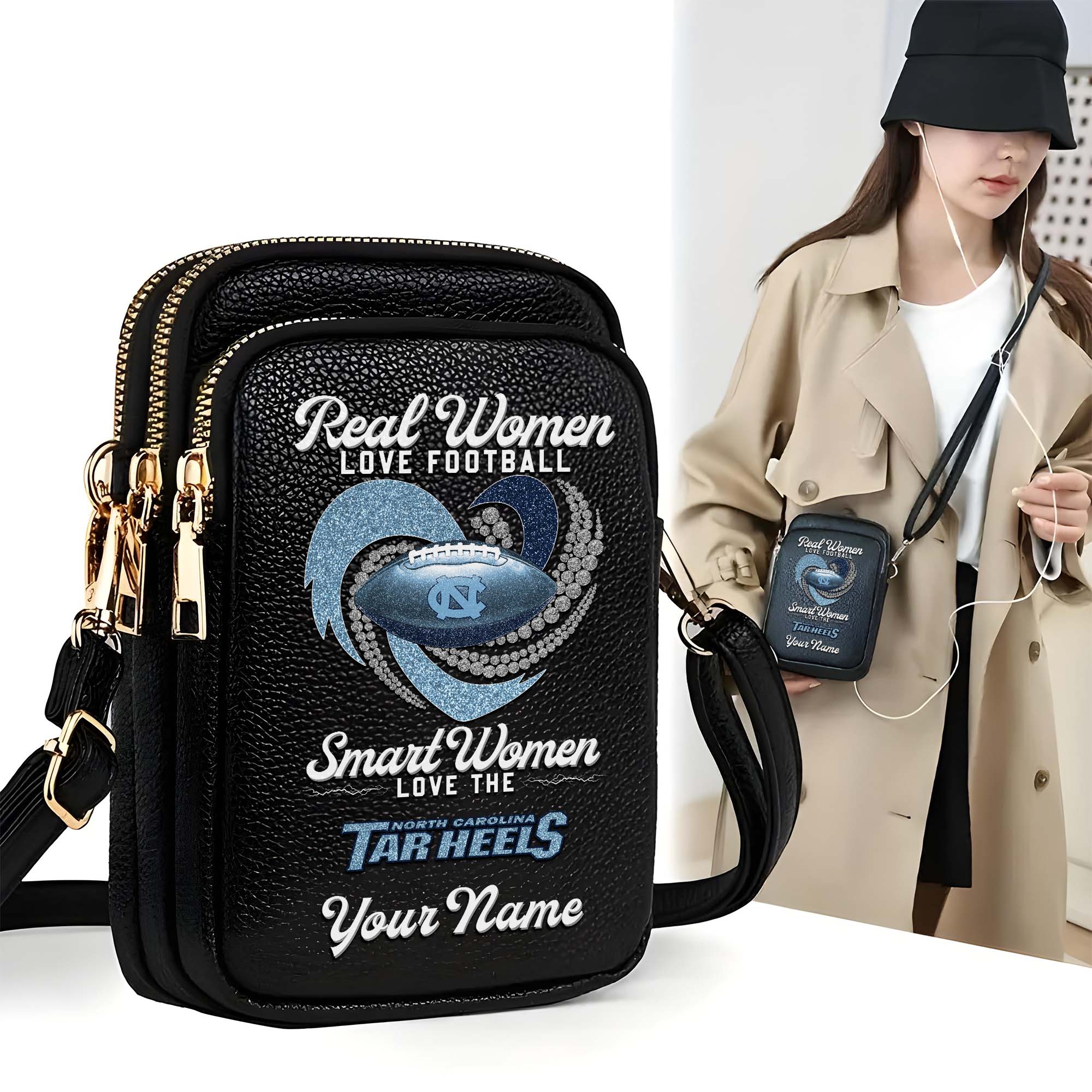 North Carolina Tar Heels Customized Women's Mobile Phone Bag with Your Name, Leather Crossbody Bag, Fan Gifts EHIVM-0212831