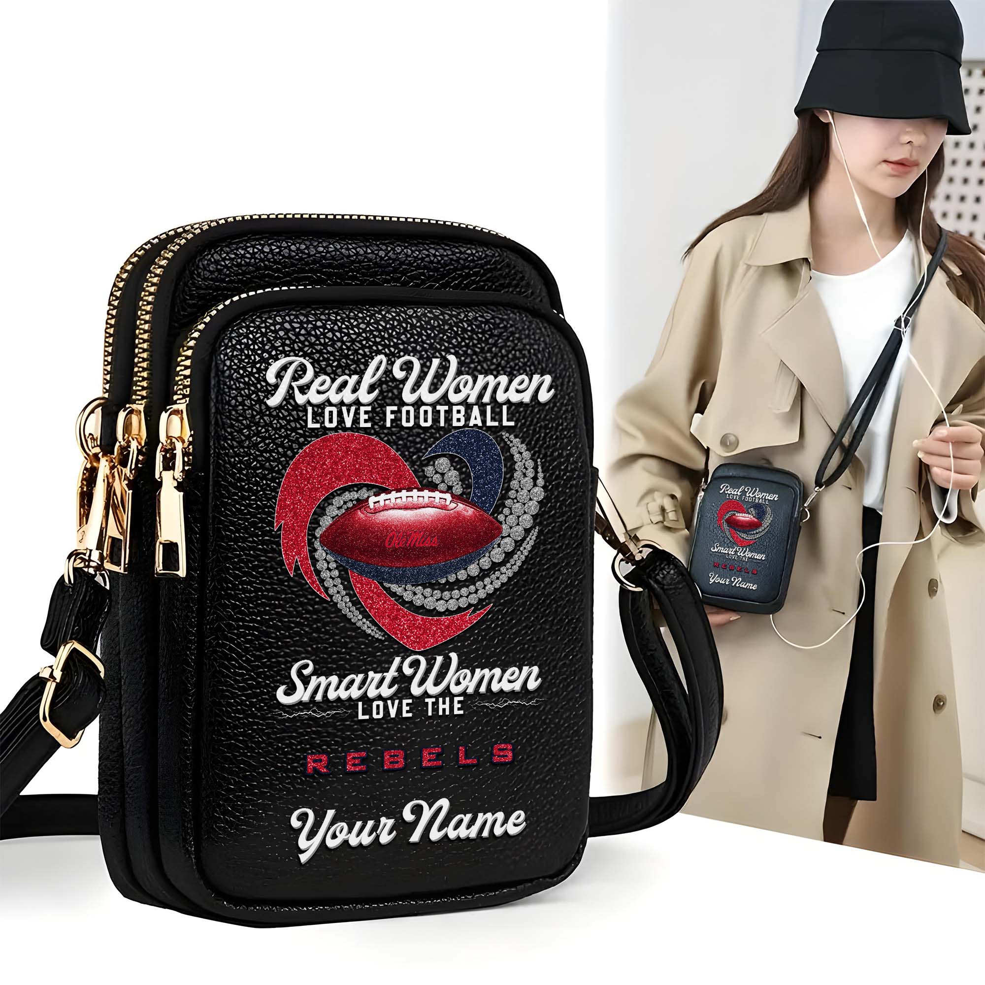Ole Miss Rebels Customized Women's Mobile Phone Bag with Your Name, Leather Crossbody Bag, Fan Gifts EHIVM-0212831