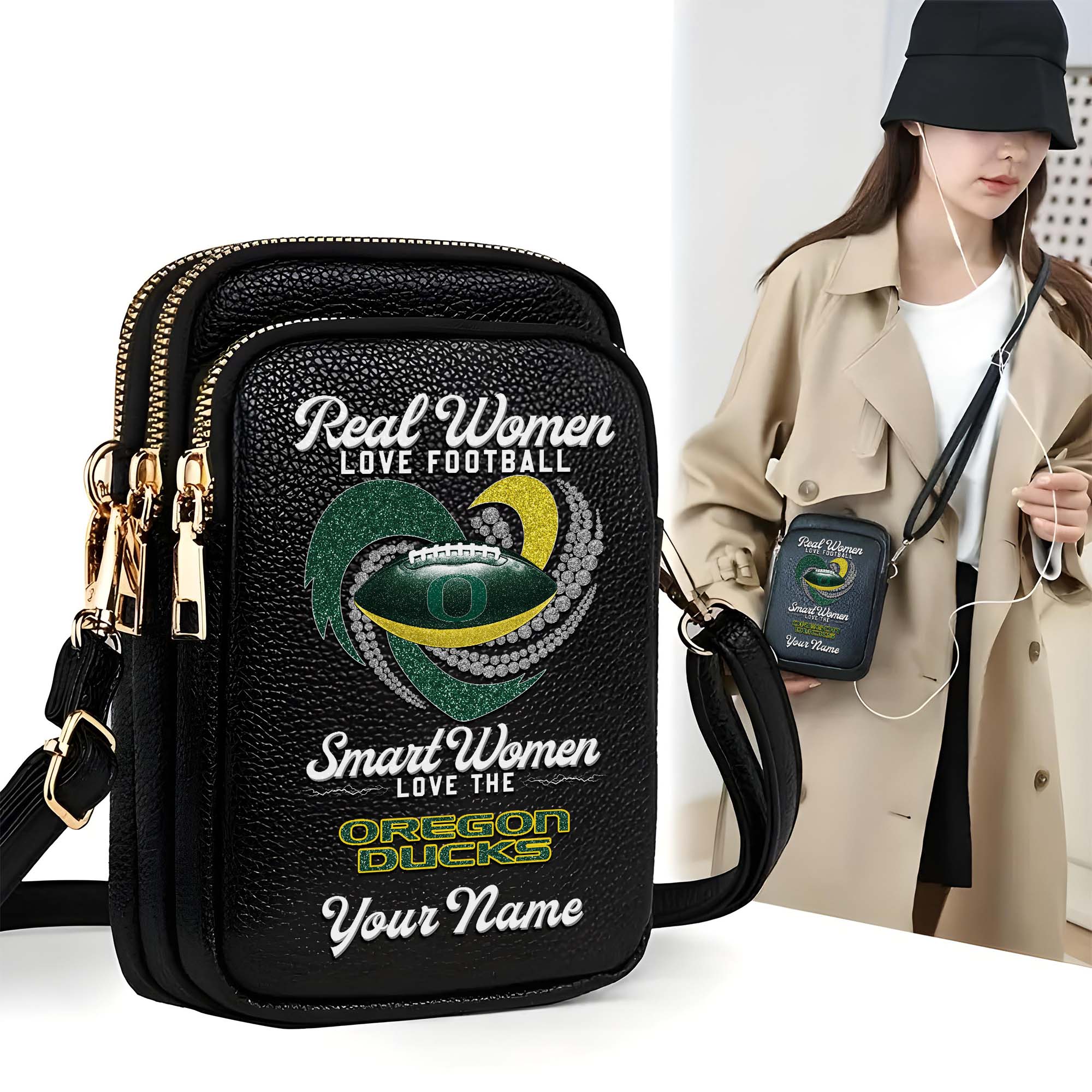 Oregon Ducks Customized Women's Mobile Phone Bag with Your Name, Leather Crossbody Bag, Fan Gifts EHIVM-0212831