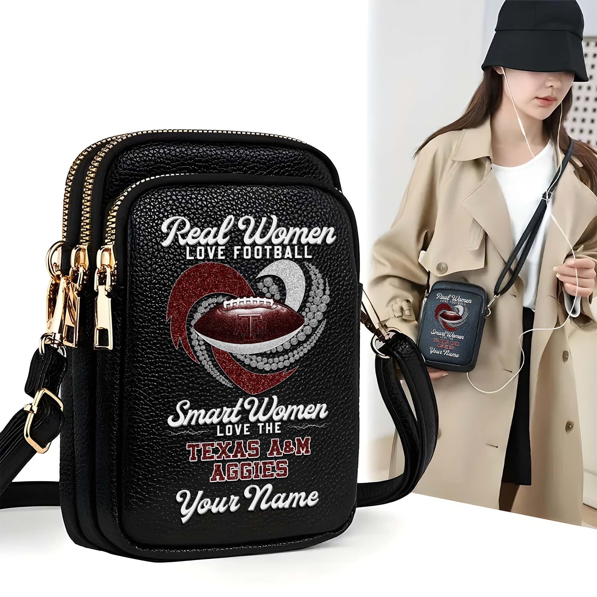 Texas A&M Aggies Customized Women's Mobile Phone Bag with Your Name, Leather Crossbody Bag, Fan Gifts EHIVM-0212831