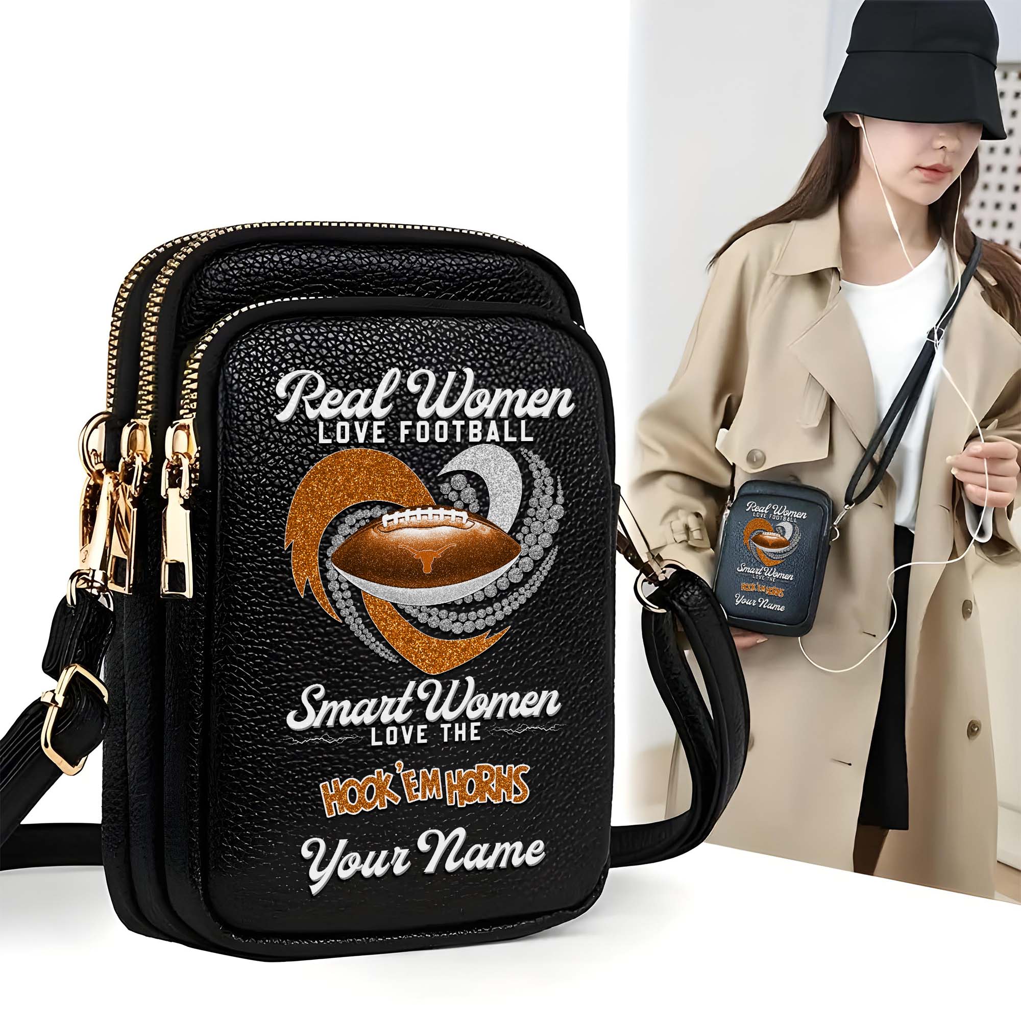 Texas Longhorns Customized Women's Mobile Phone Bag with Your Name, Leather Crossbody Bag, Fan Gifts EHIVM-0212831