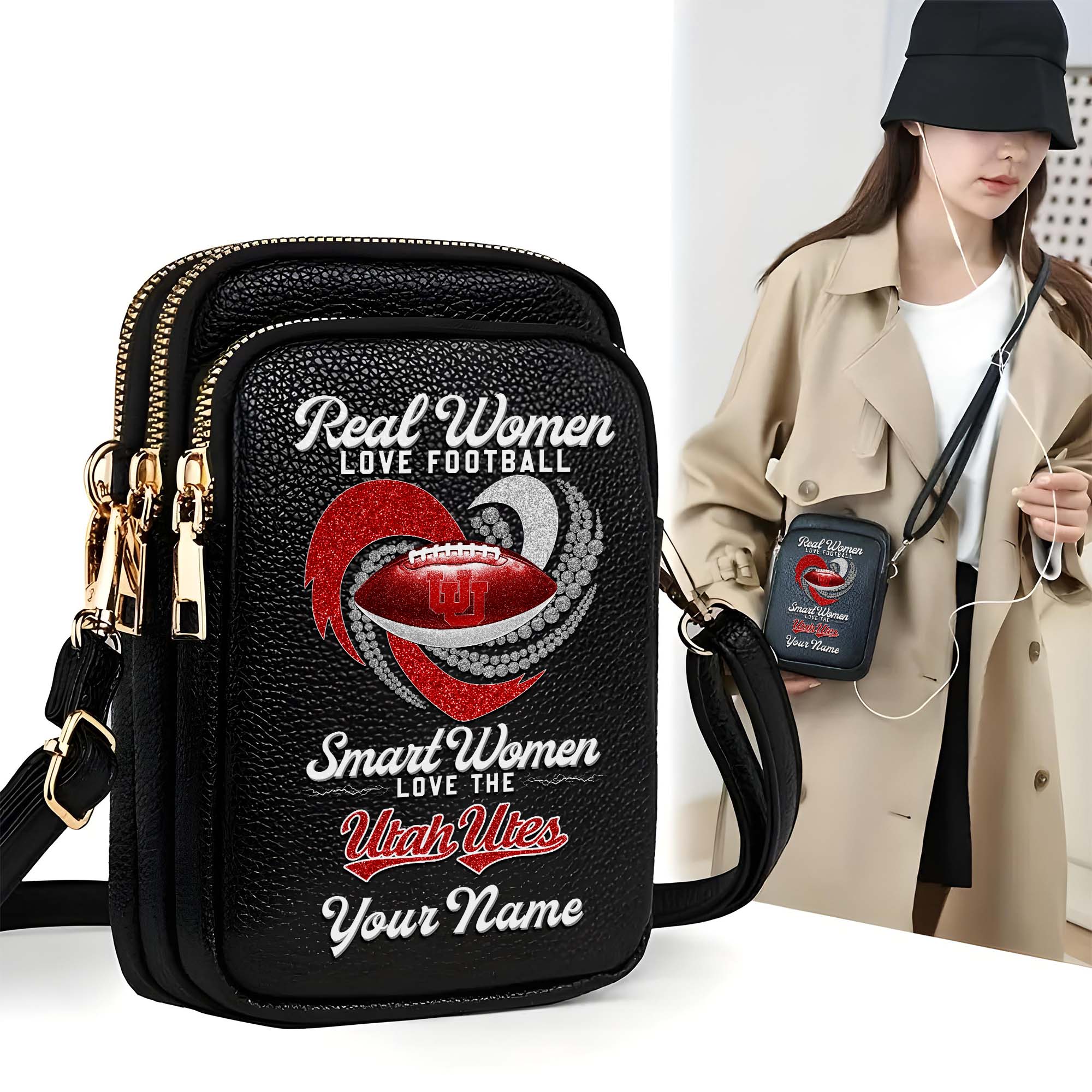 Utah Utes Customized Women's Mobile Phone Bag with Your Name, Leather Crossbody Bag, Fan Gifts EHIVM-0212831