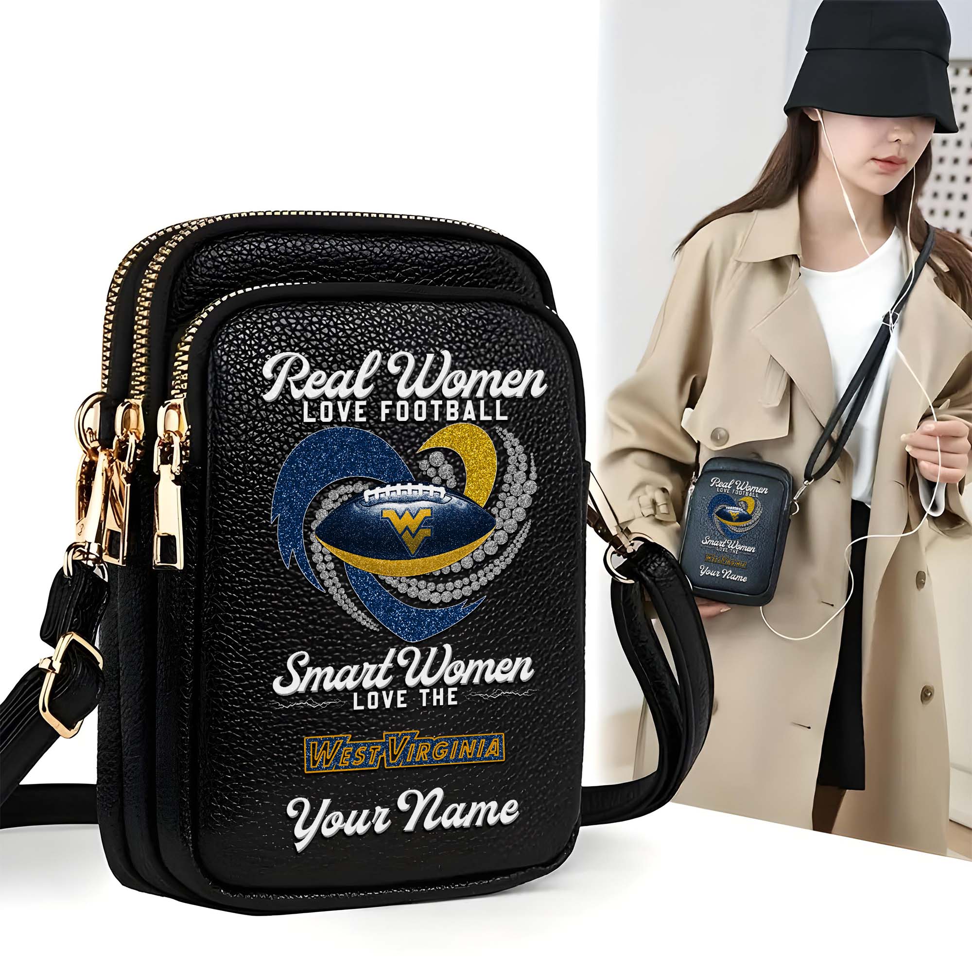 West Virginia Mountaineers Customized Women's Mobile Phone Bag with Your Name, Leather Crossbody Bag, Fan Gifts EHIVM-0212831