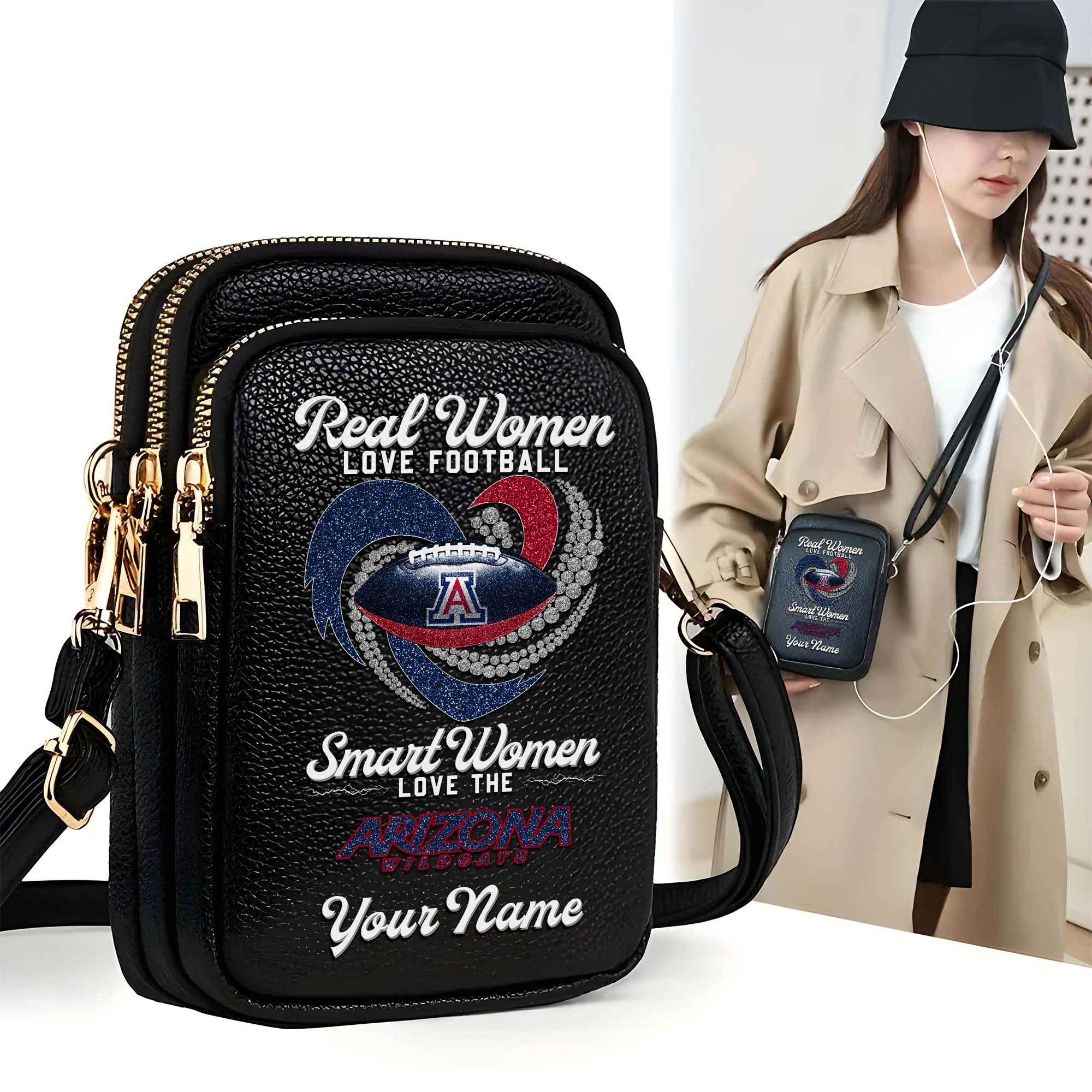 Arizona Wildcats Customized Women's Mobile Phone Bag with Your Name, Leather Crossbody Bag, Fan Gifts EHIVM-0212831