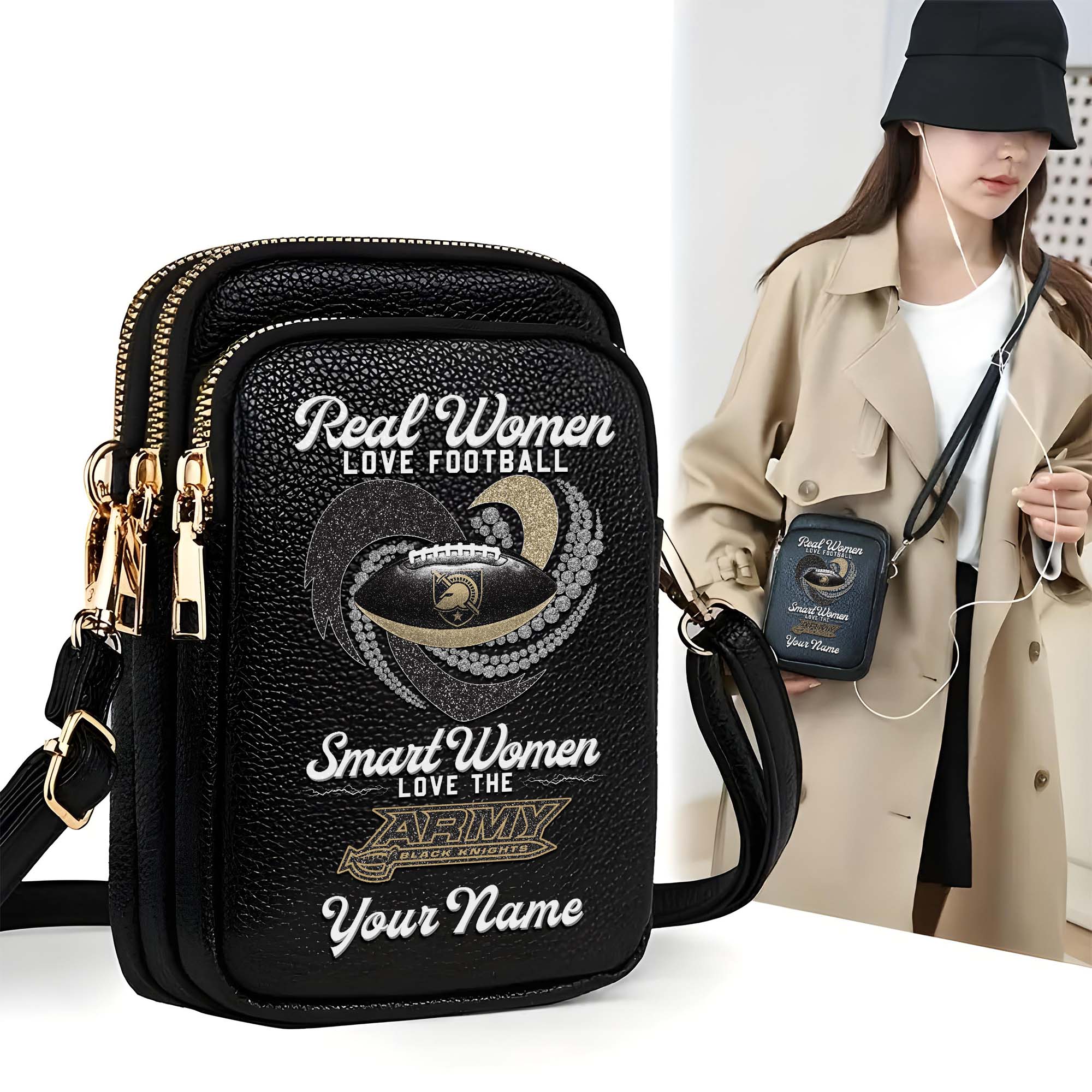 Army Black Knights Customized Women's Mobile Phone Bag with Your Name, Leather Crossbody Bag, Fan Gifts EHIVM-0212831