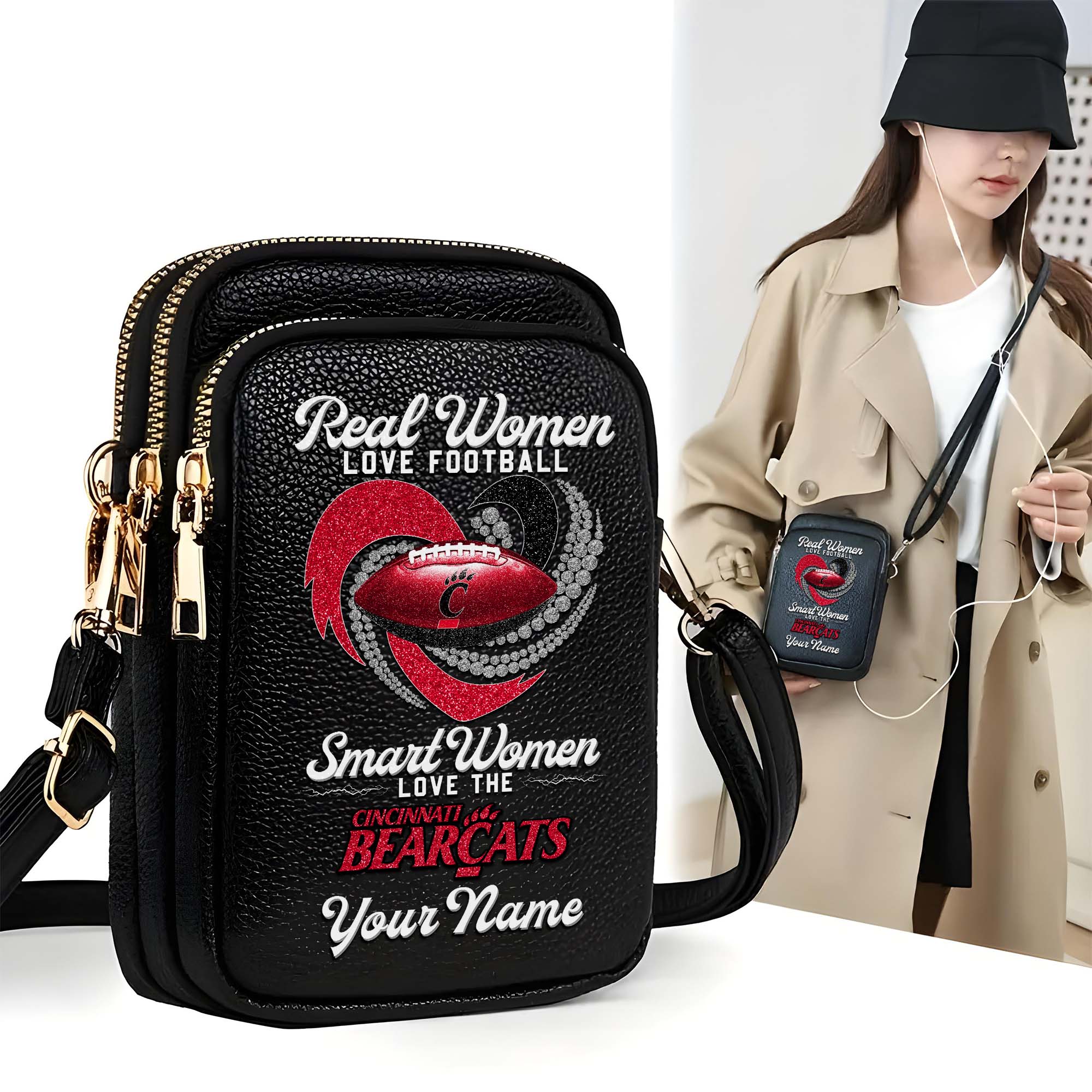 Cincinnati Bearcats Customized Women's Mobile Phone Bag with Your Name, Leather Crossbody Bag, Fan Gifts EHIVM-0212831