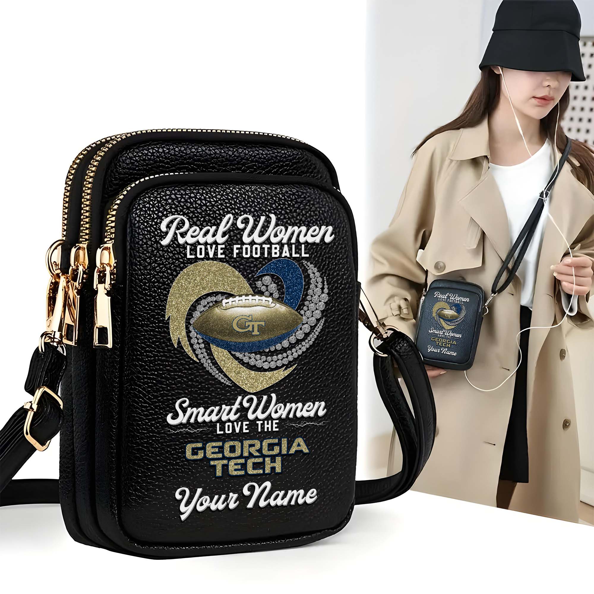 Georgia Tech Yellow Jackets Customized Women's Mobile Phone Bag with Your Name, Leather Crossbody Bag, Fan Gifts EHIVM-0212831