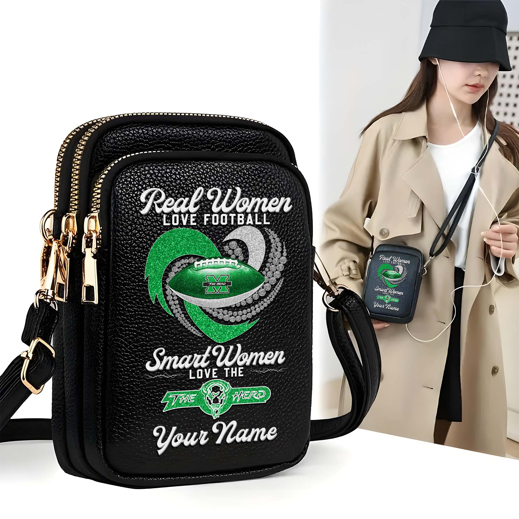 Marshall Thundering Herd Customized Women's Mobile Phone Bag with Your Name, Leather Crossbody Bag, Fan Gifts EHIVM-0212831