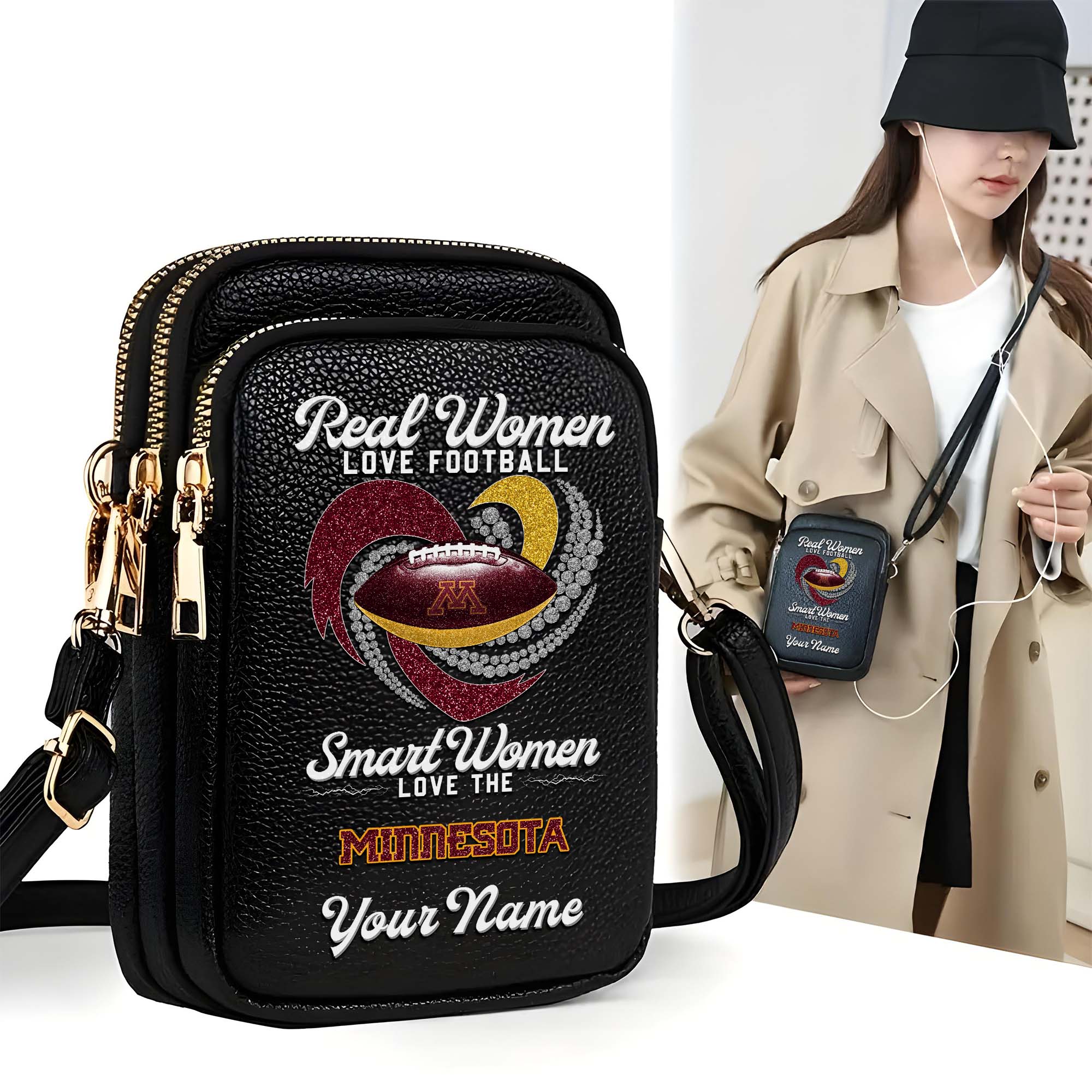 Minnesota Golden Gophers Customized Women's Mobile Phone Bag with Your Name, Leather Crossbody Bag, Fan Gifts EHIVM-0212831