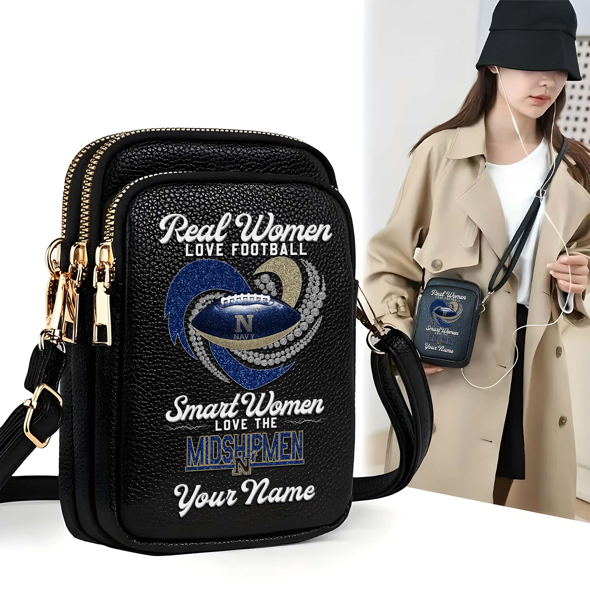 Navy Midshipmen Customized Women's Mobile Phone Bag with Your Name, Leather Crossbody Bag, Fan Gifts EHIVM-0212831