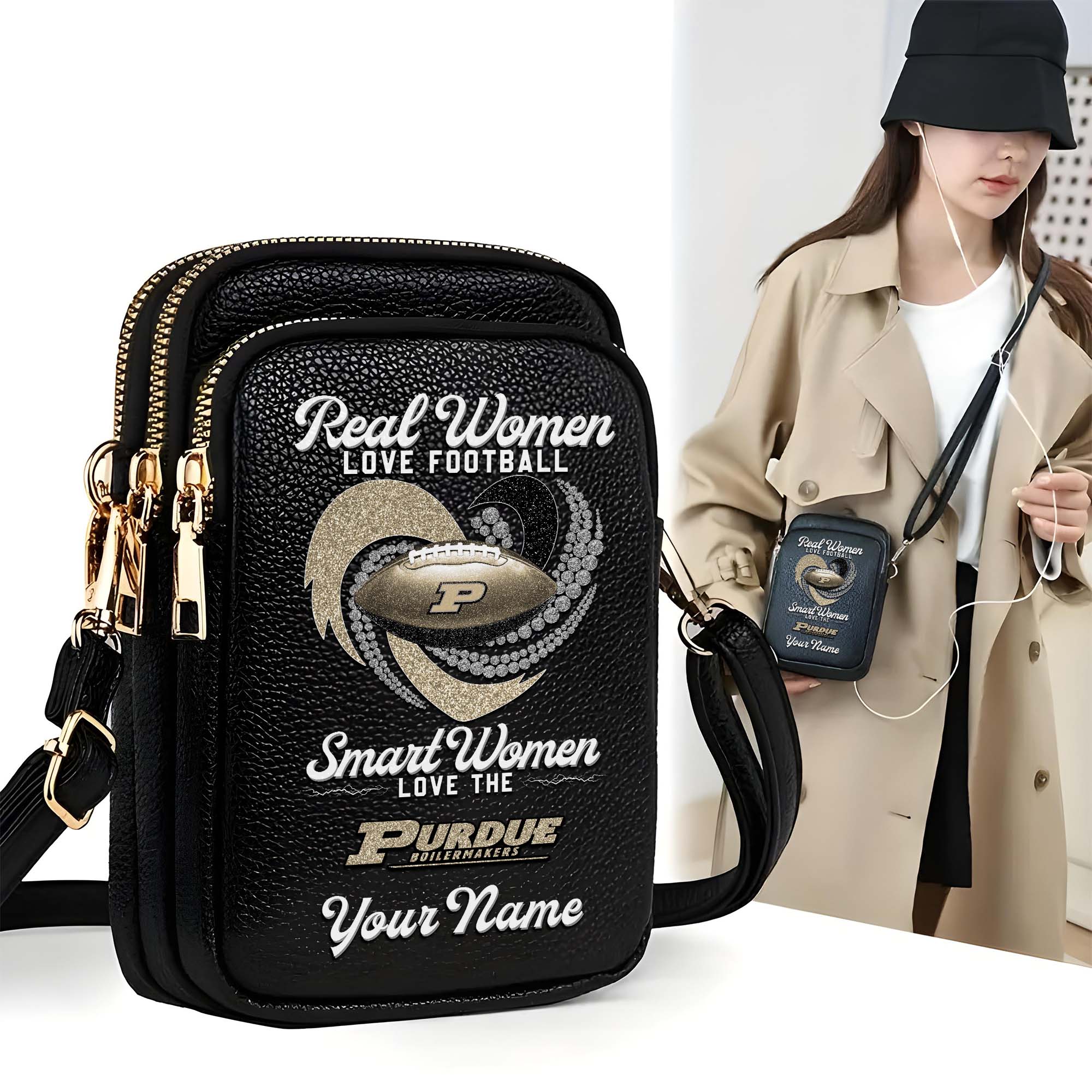 Purdue Boilermakers Customized Women's Mobile Phone Bag with Your Name, Leather Crossbody Bag, Fan Gifts EHIVM-0212831