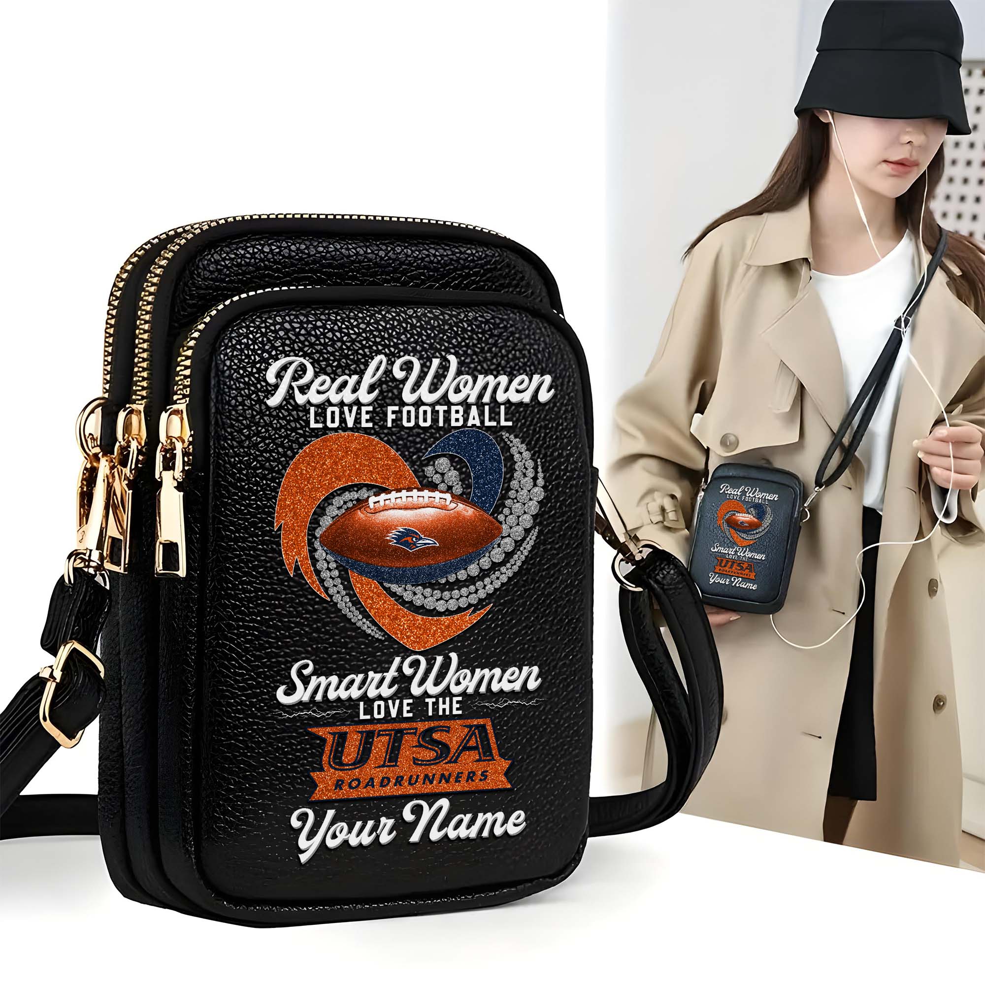 UTSA Roadrunners Customized Women's Mobile Phone Bag with Your Name, Leather Crossbody Bag, Fan Gifts EHIVM-0212831