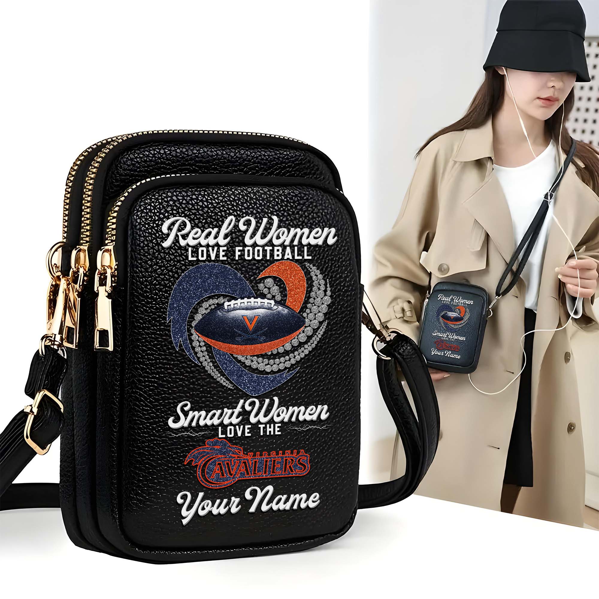 Virginia Cavaliers Customized Women's Mobile Phone Bag with Your Name, Leather Crossbody Bag, Fan Gifts EHIVM-0212831