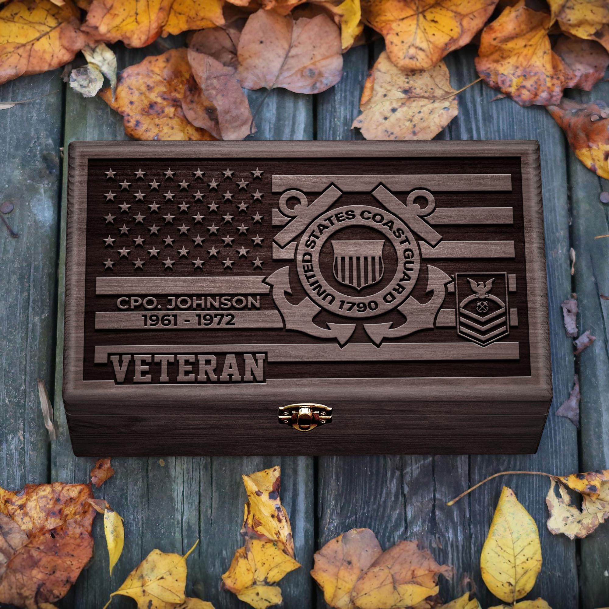 U.S. Coast Guard Wooden Box Custom Name, Year And Rank, Military Box, US Military Gifts ETRG-0210784