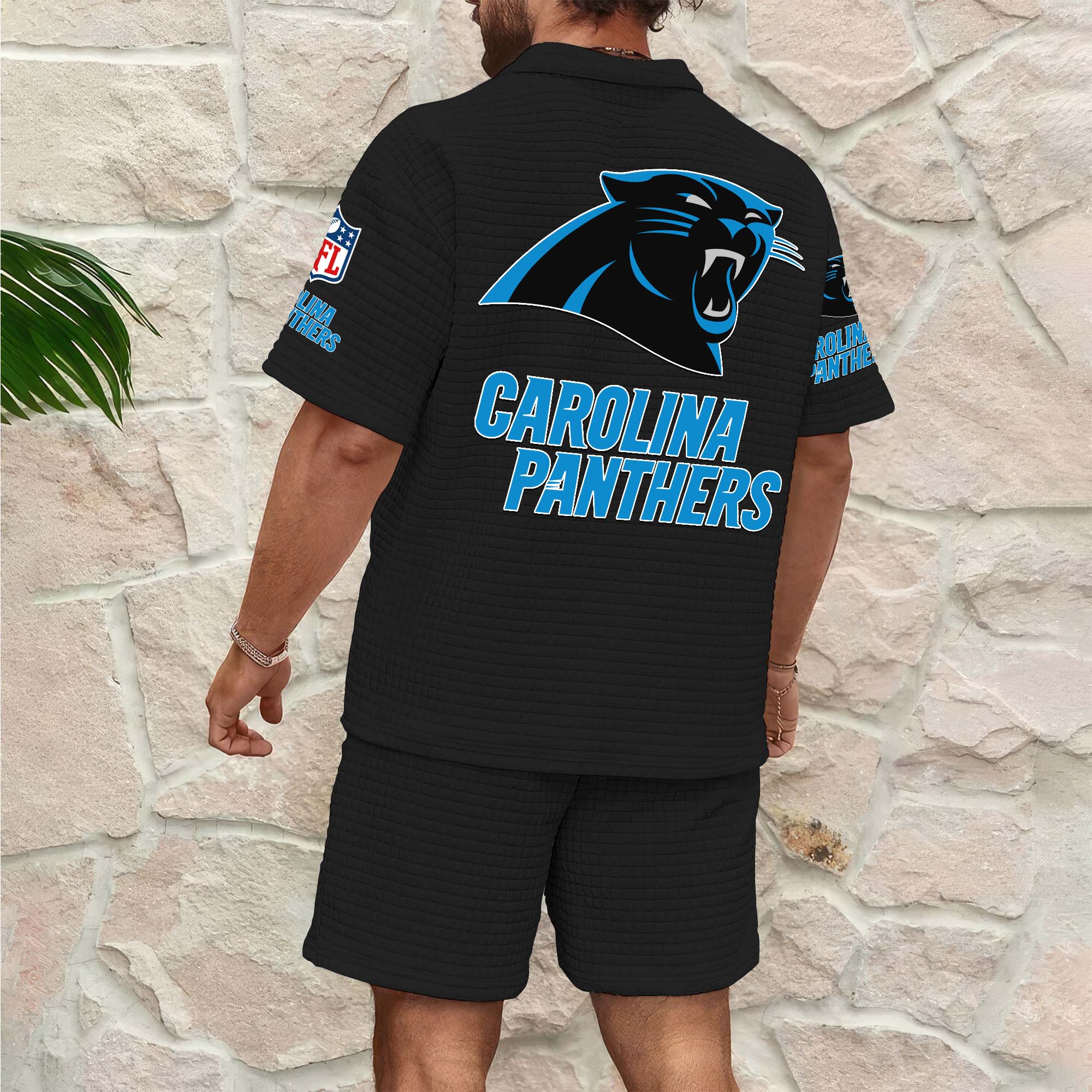 Alternative view of Carolina Panthers Men's Waffle Pattern Half Zipper Shirt And Short Custom Your Name 2025 Versions, Gifts For Football Lovers EHIVM-0206715