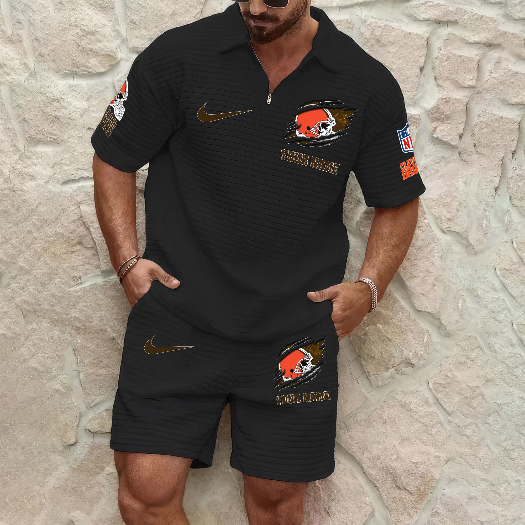 Cleveland Browns Men's Waffle Pattern Half Zipper Shirt And Short Custom Your Name 2025 Versions, Gifts For Football Lovers EHIVM-0206715