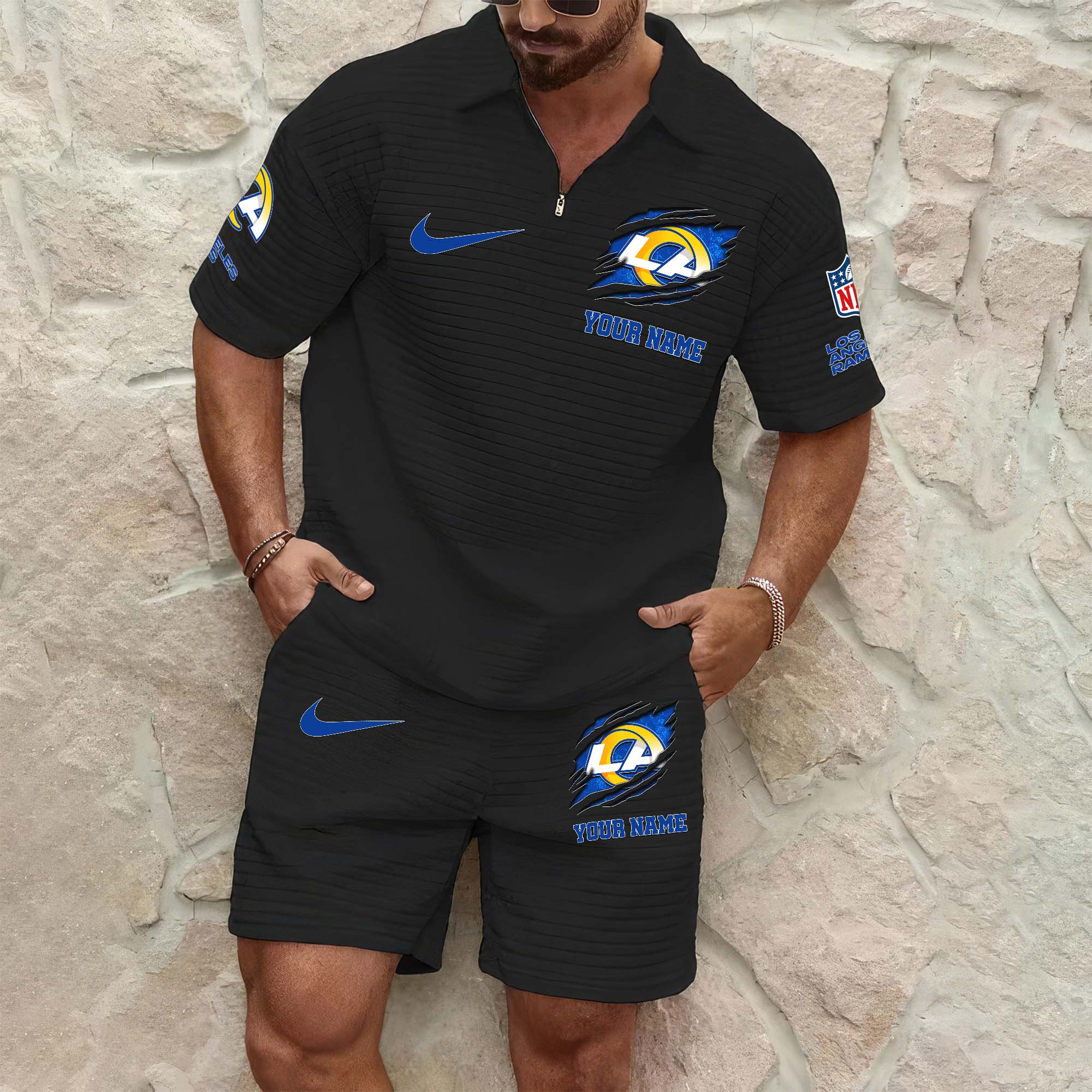 Los Angeles Rams Men's Waffle Pattern Half Zipper Shirt And Short Custom Your Name 2025 Versions, Gifts For Football Lovers EHIVM-0206715