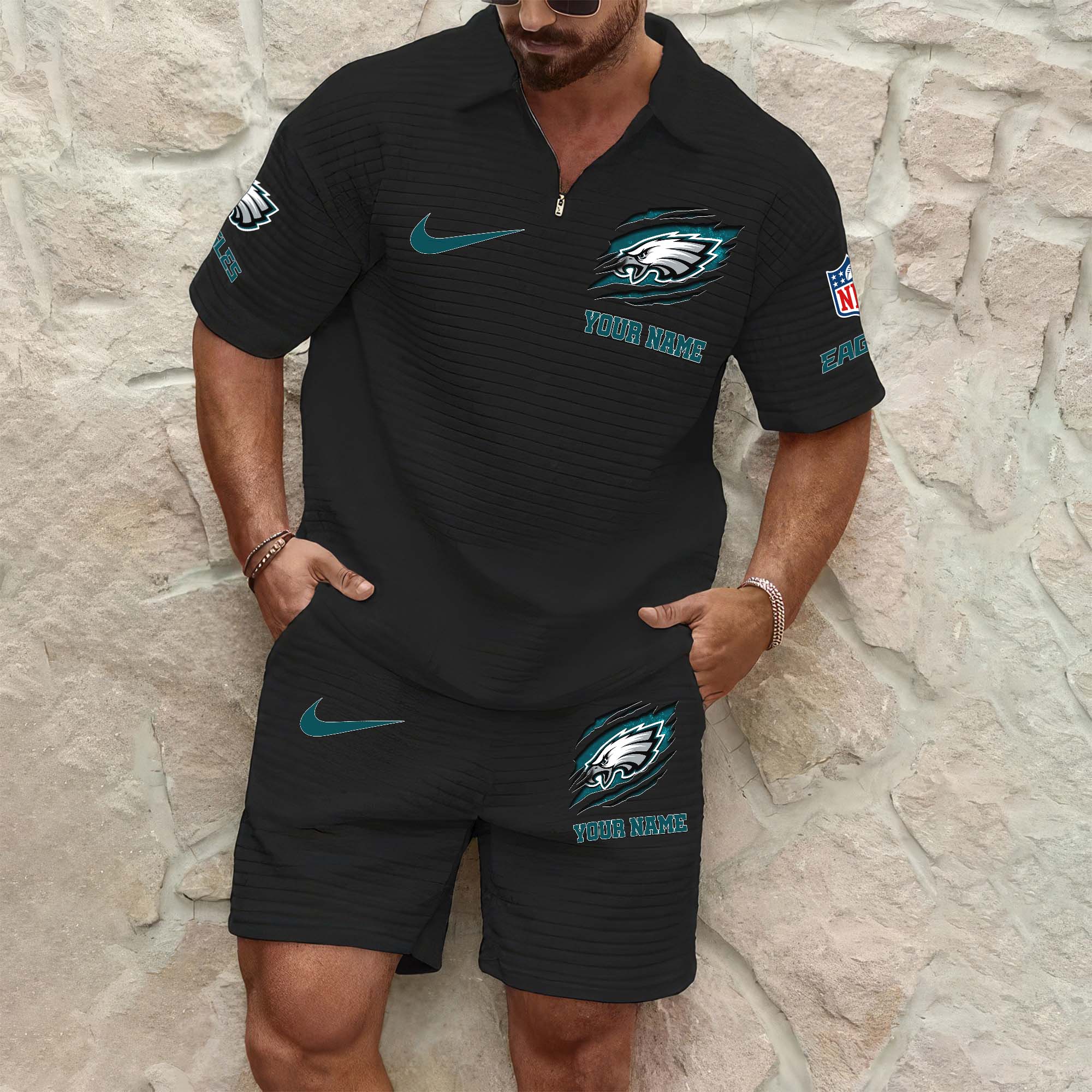 Philadelphia Eagles Men's Waffle Pattern Half Zipper Shirt And Short Custom Your Name 2025 Versions, Gifts For Football Lovers EHIVM-0206715