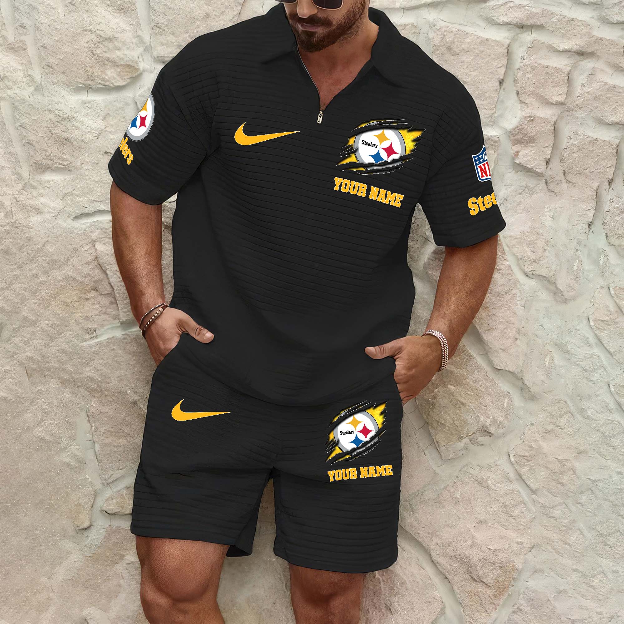 Pittsburgh Steelers Men's Waffle Pattern Half Zipper Shirt And Short Custom Your Name 2025 Versions, Gifts For Football Lovers EHIVM-0206715