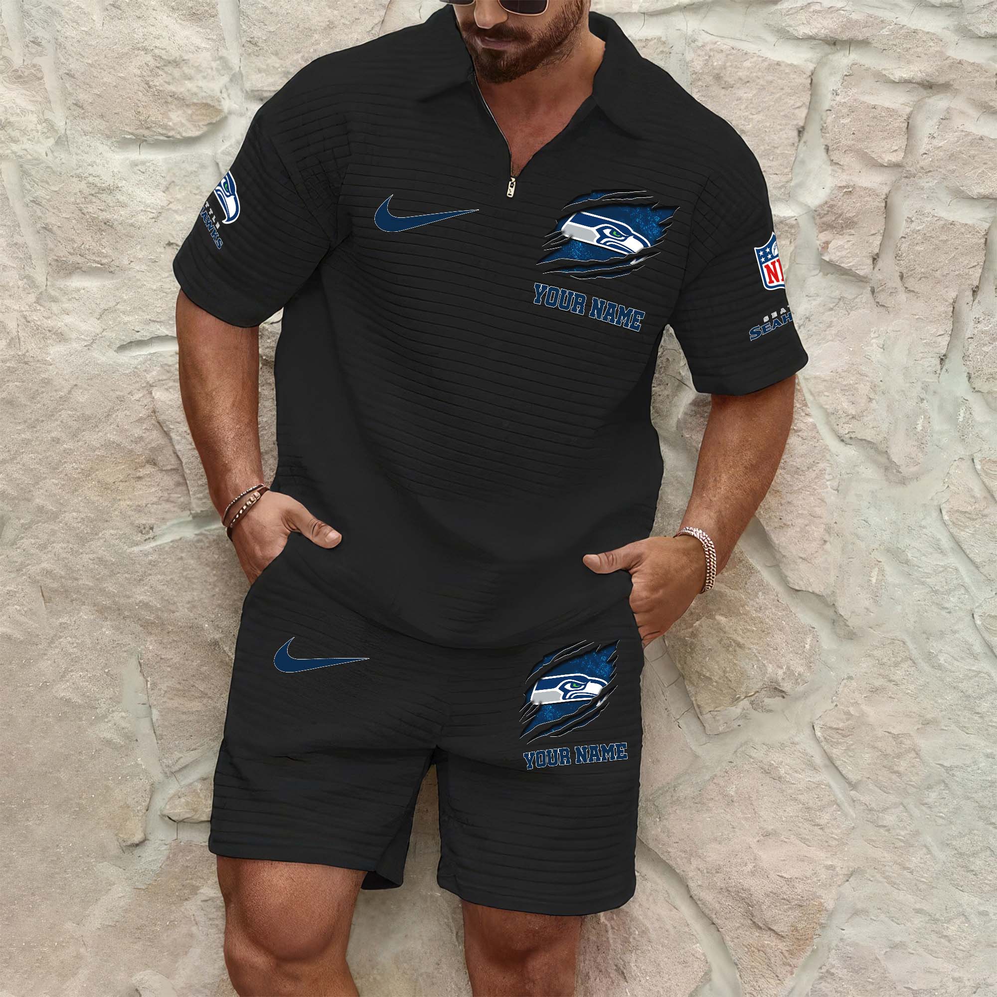 Seattle Seahawks Men's Waffle Pattern Half Zipper Shirt And Short Custom Your Name 2025 Versions, Gifts For Football Lovers EHIVM-0206715