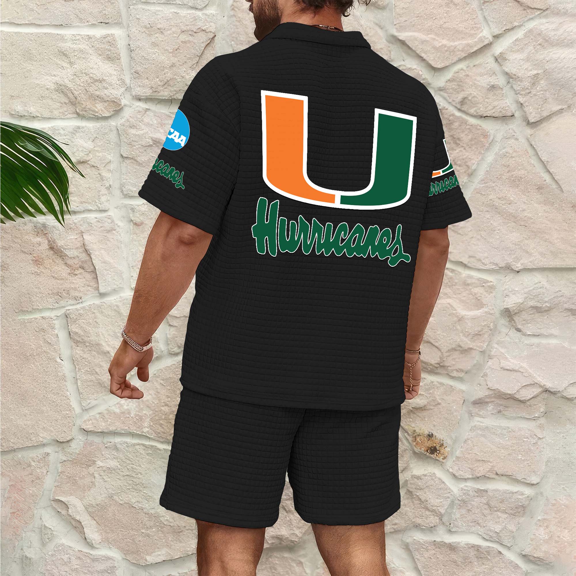 Alternative view of Miami Hurricanes Men's Waffle Pattern Half Zipper Shirt And Short Custom Your Name 2025 Versions, Gifts For Football Lovers EHIVM-03151308