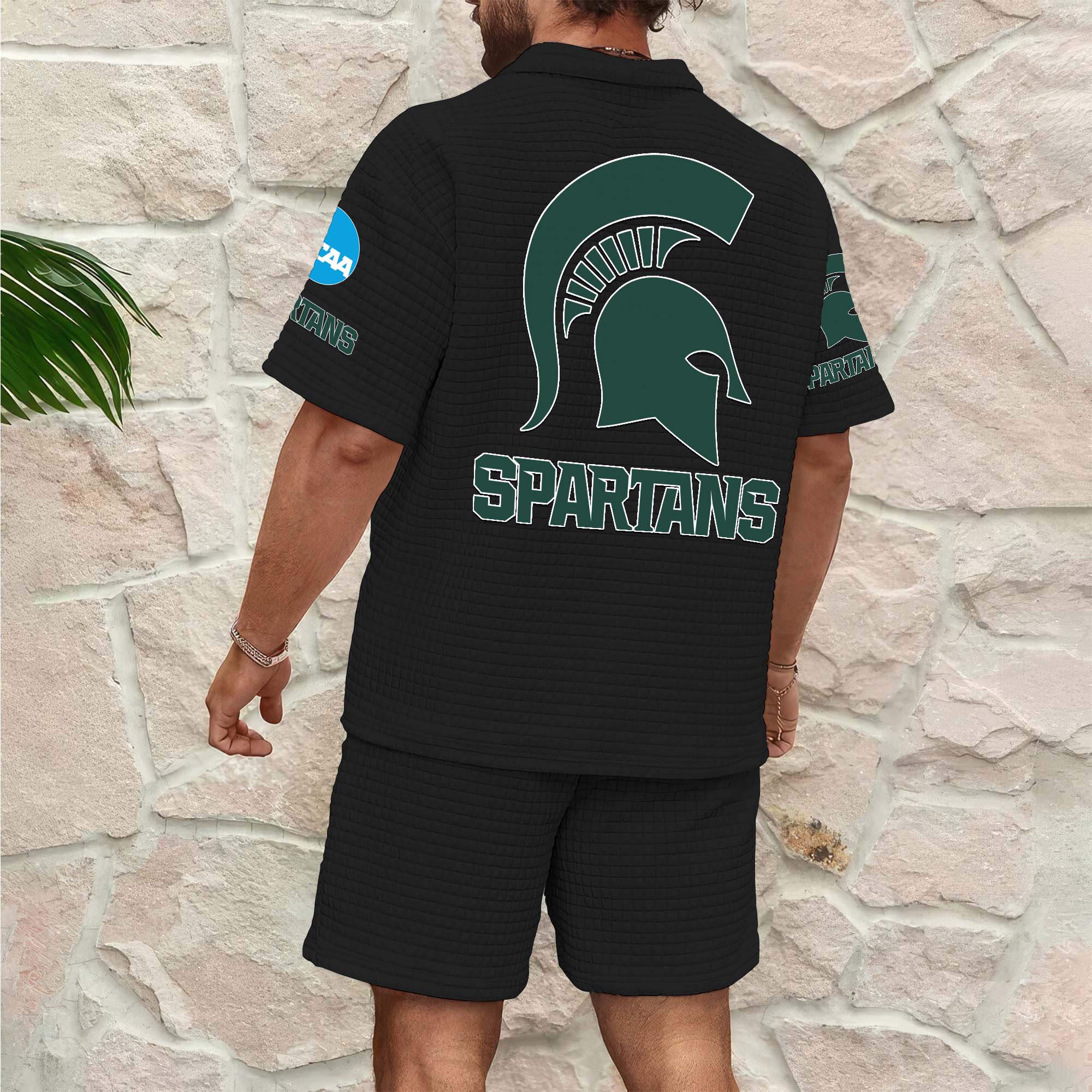 Alternative view of Michigan State Spartans Men's Waffle Pattern Half Zipper Shirt And Short Custom Your Name 2025 Versions, Gifts For Football Lovers EHIVM-03151308