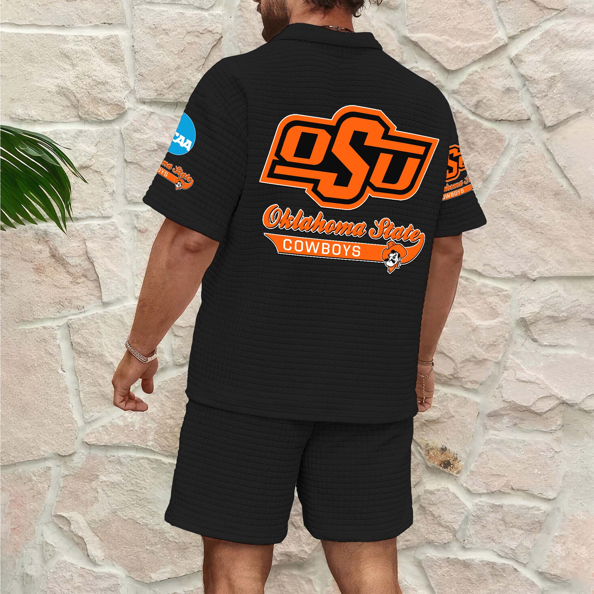 Alternative view of Oklahoma State Cowboys Men's Waffle Pattern Half Zipper Shirt And Short Custom Your Name 2025 Versions, Gifts For Football Lovers EHIVM-03151308