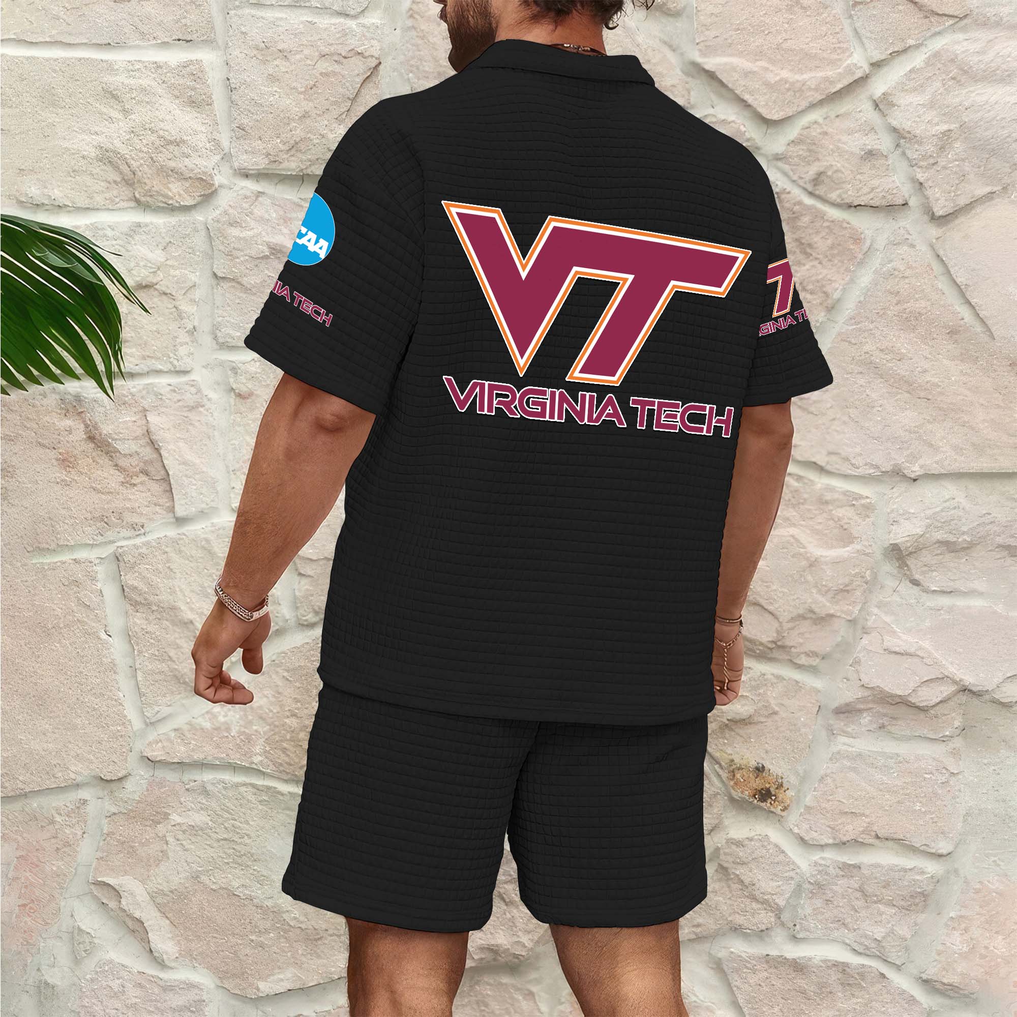 Alternative view of Virginia Tech Hokies Men's Waffle Pattern Half Zipper Shirt And Short Custom Your Name 2025 Versions, Gifts For Football Lovers EHIVM-03151308