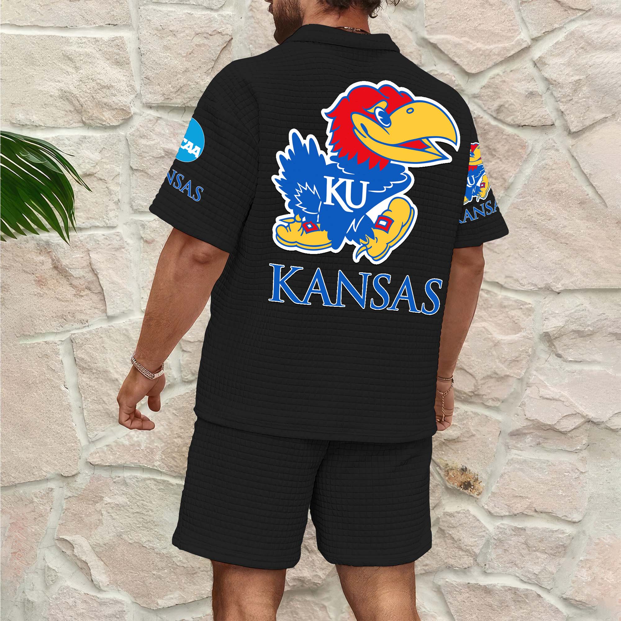Alternative view of Kansas Jayhawks Men's Waffle Pattern Half Zipper Shirt And Short Custom Your Name 2025 Versions, Gifts For Football Lovers EHIVM-03151308