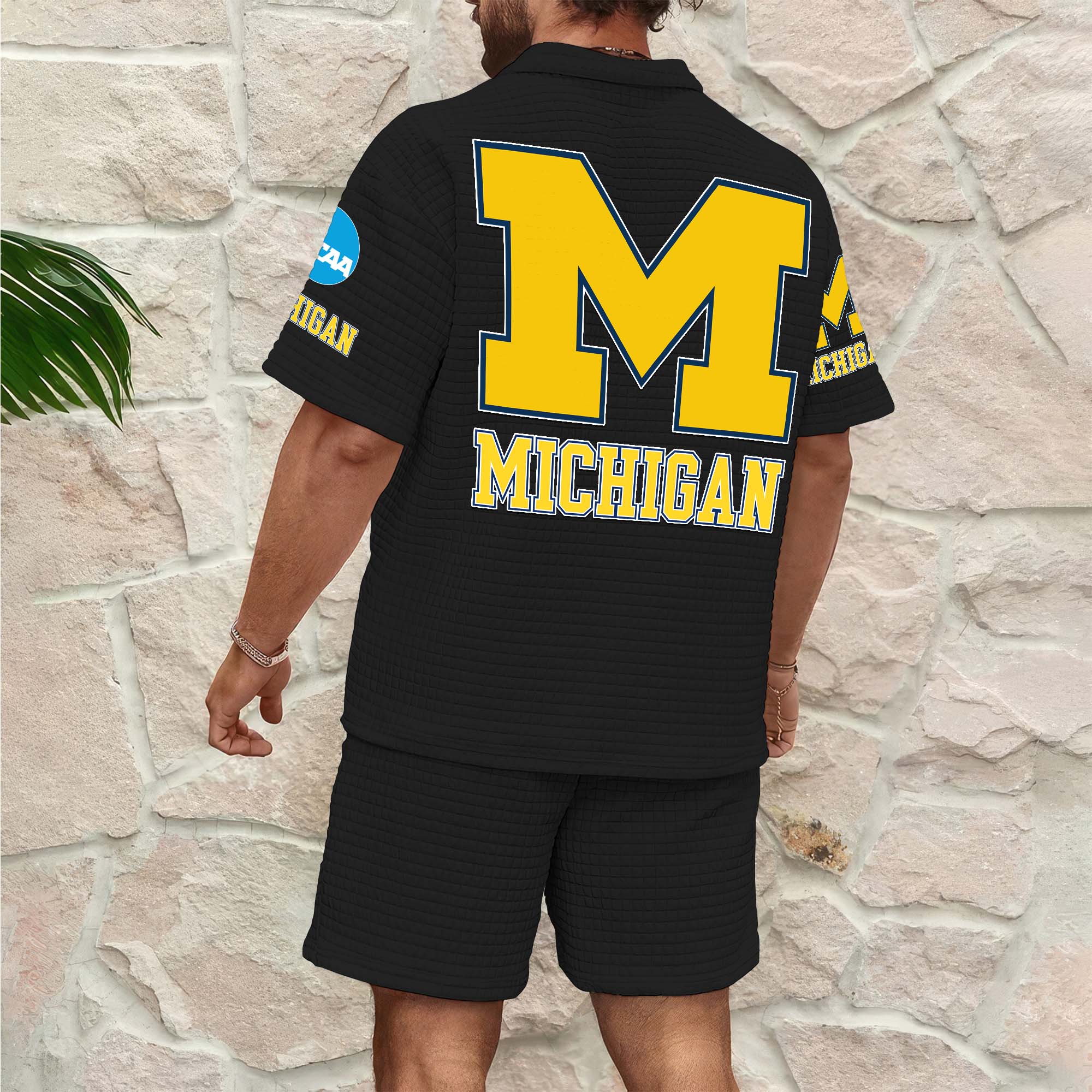 Alternative view of Michigan Wolverines Men's Waffle Pattern Half Zipper Shirt And Short Custom Your Name 2025 Versions, Gifts For Football Lovers EHIVM-03151308