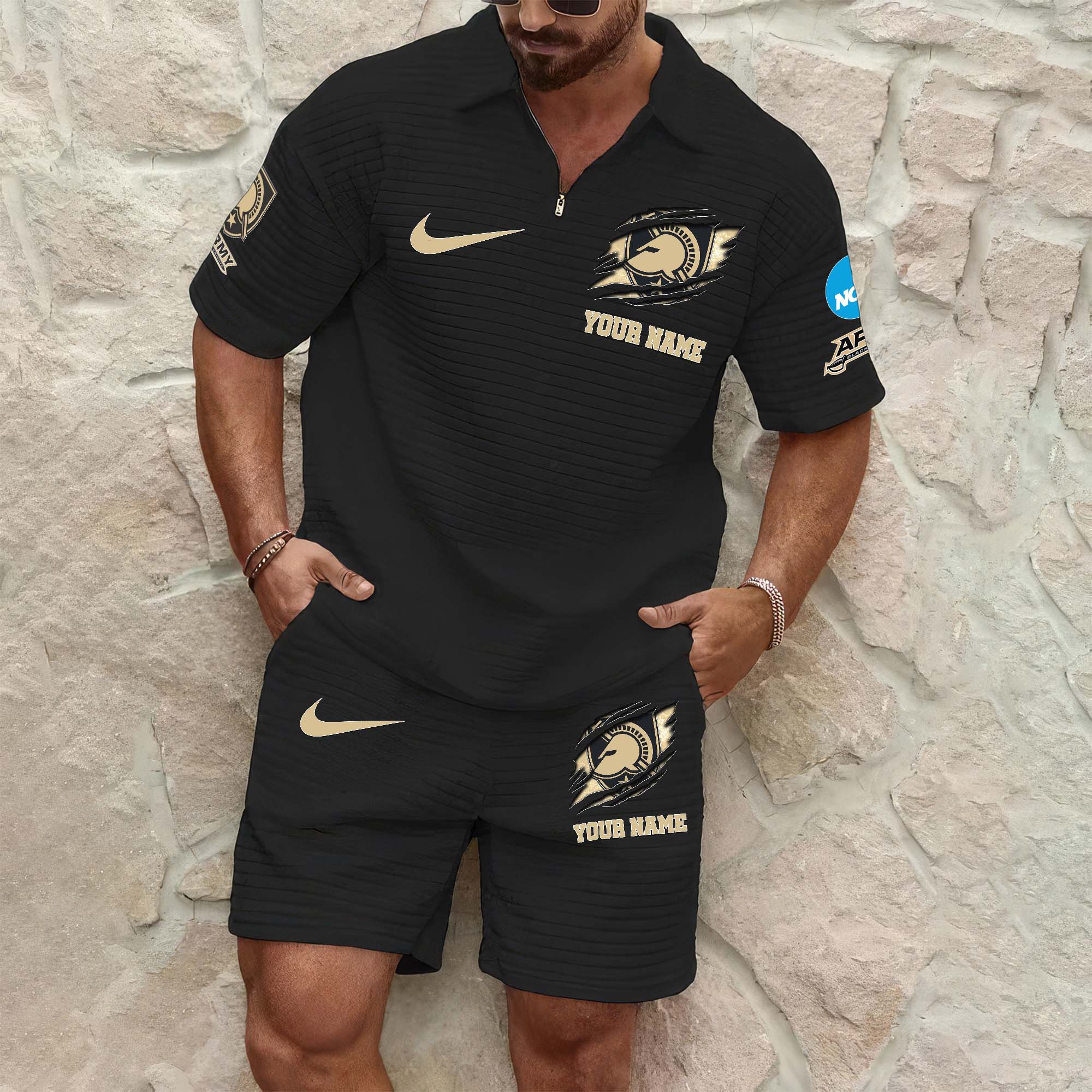 Army Black Knights Men's Waffle Pattern Half Zipper Shirt And Short Custom Your Name 2025 Versions, Gifts For Football Lovers EHIVM-03151308