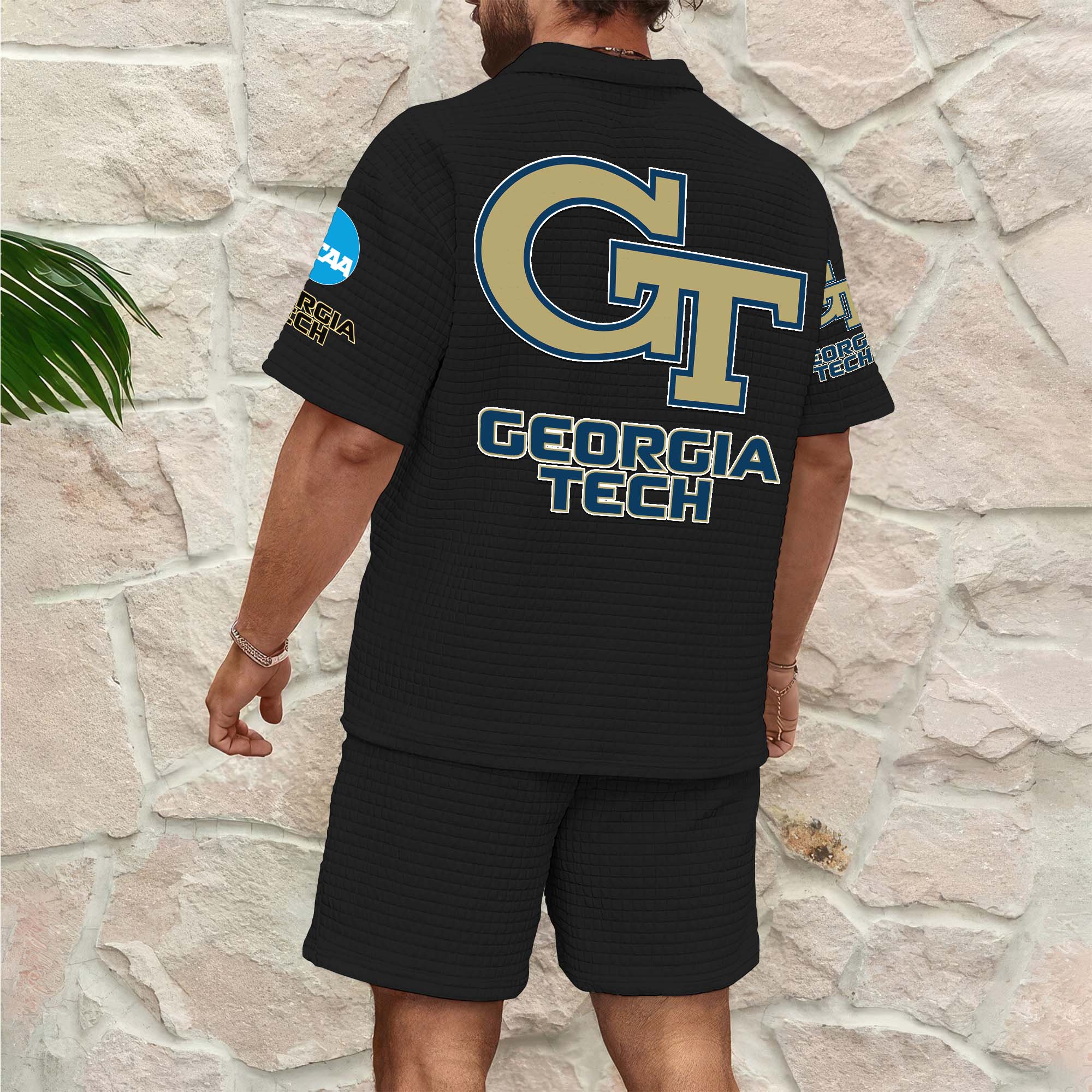 Alternative view of Georgia Tech Yellow Jackets Men's Waffle Pattern Half Zipper Shirt And Short Custom Your Name 2025 Versions, Gifts For Football Lovers EHIVM-03151308