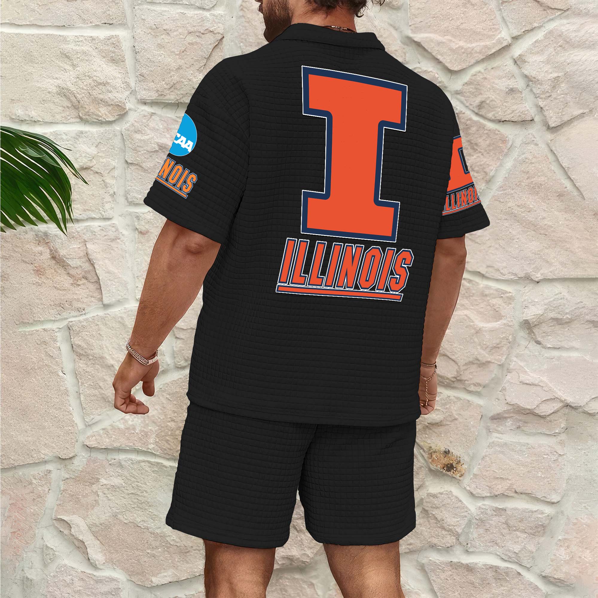Alternative view of Illinois Fighting Illini Men's Waffle Pattern Half Zipper Shirt And Short Custom Your Name 2025 Versions, Gifts For Football Lovers EHIVM-03151308