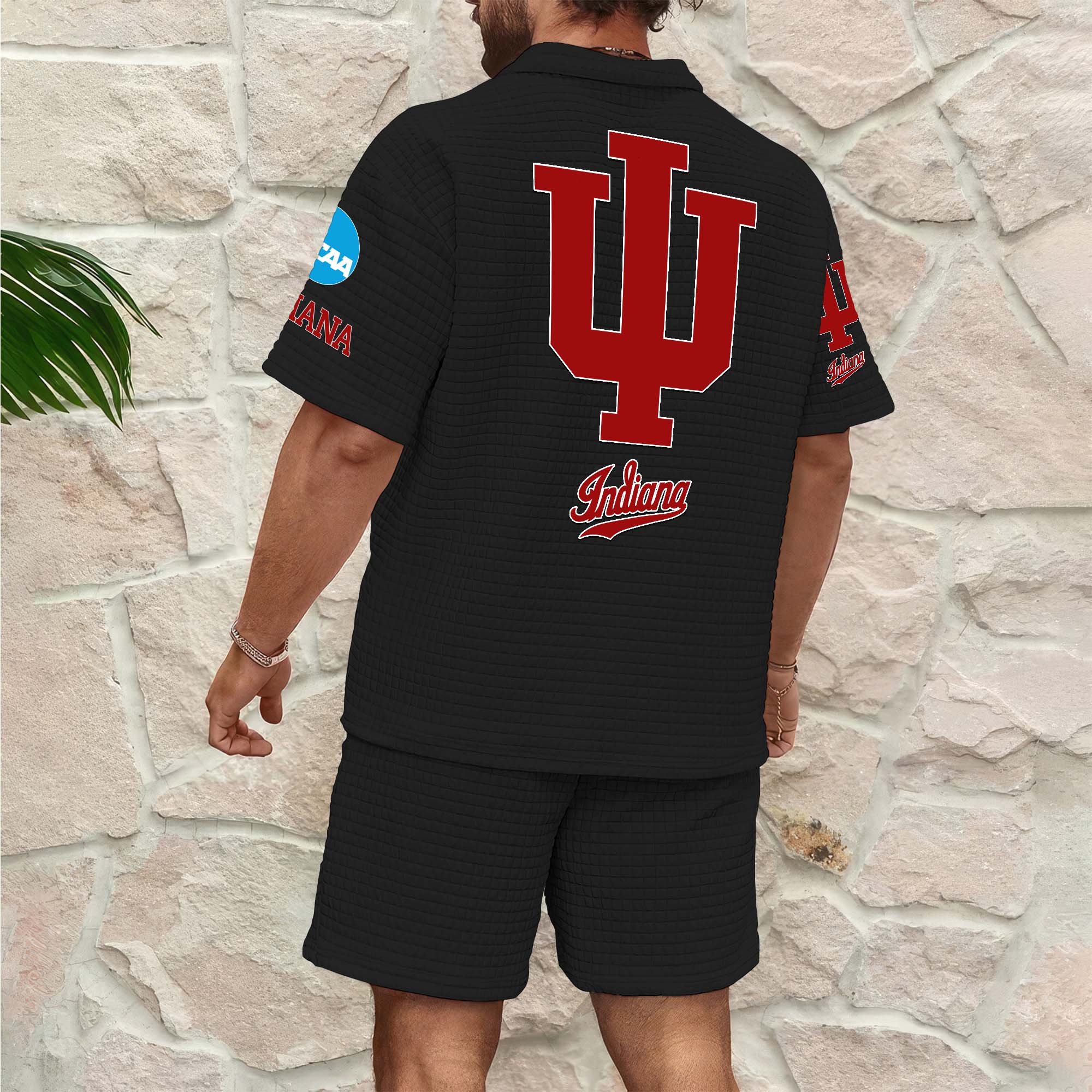 Alternative view of Indiana Hoosiers Men's Waffle Pattern Half Zipper Shirt And Short Custom Your Name 2025 Versions, Gifts For Football Lovers EHIVM-03151308