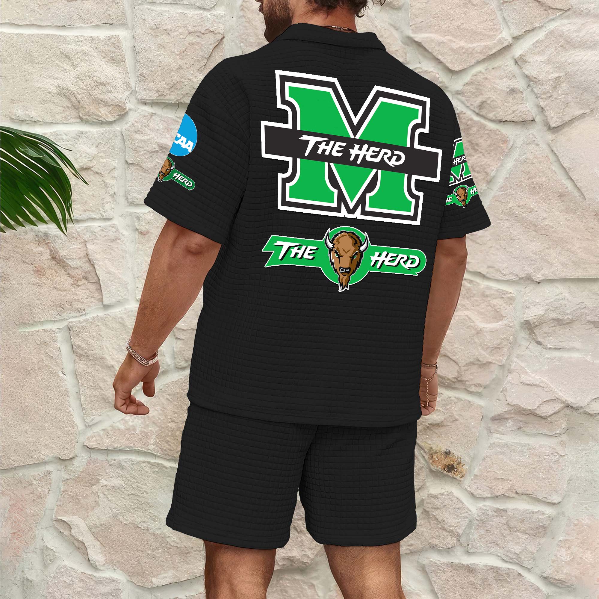 Alternative view of Marshall Thundering Herd Men's Waffle Pattern Half Zipper Shirt And Short Custom Your Name 2025 Versions, Gifts For Football Lovers EHIVM-03151308