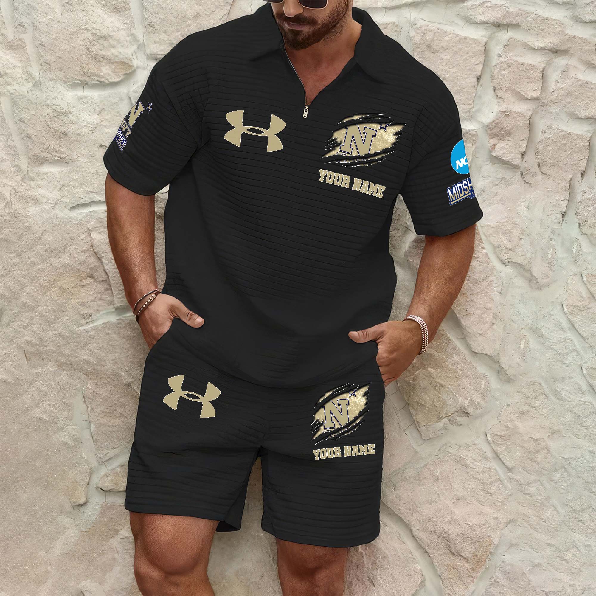 Navy Midshipmen Men's Waffle Pattern Half Zipper Shirt And Short Custom Your Name 2025 Versions, Gifts For Football Lovers EHIVM-03151308