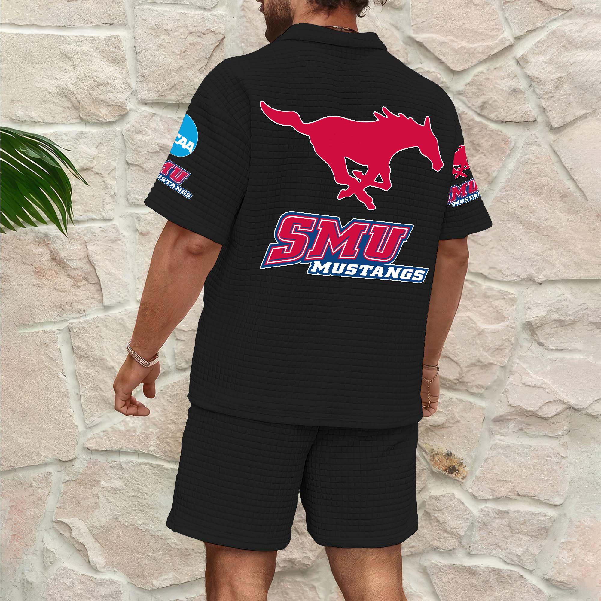 Alternative view of SMU Mustangs Men's Waffle Pattern Half Zipper Shirt And Short Custom Your Name 2025 Versions, Gifts For Football Lovers EHIVM-03151308