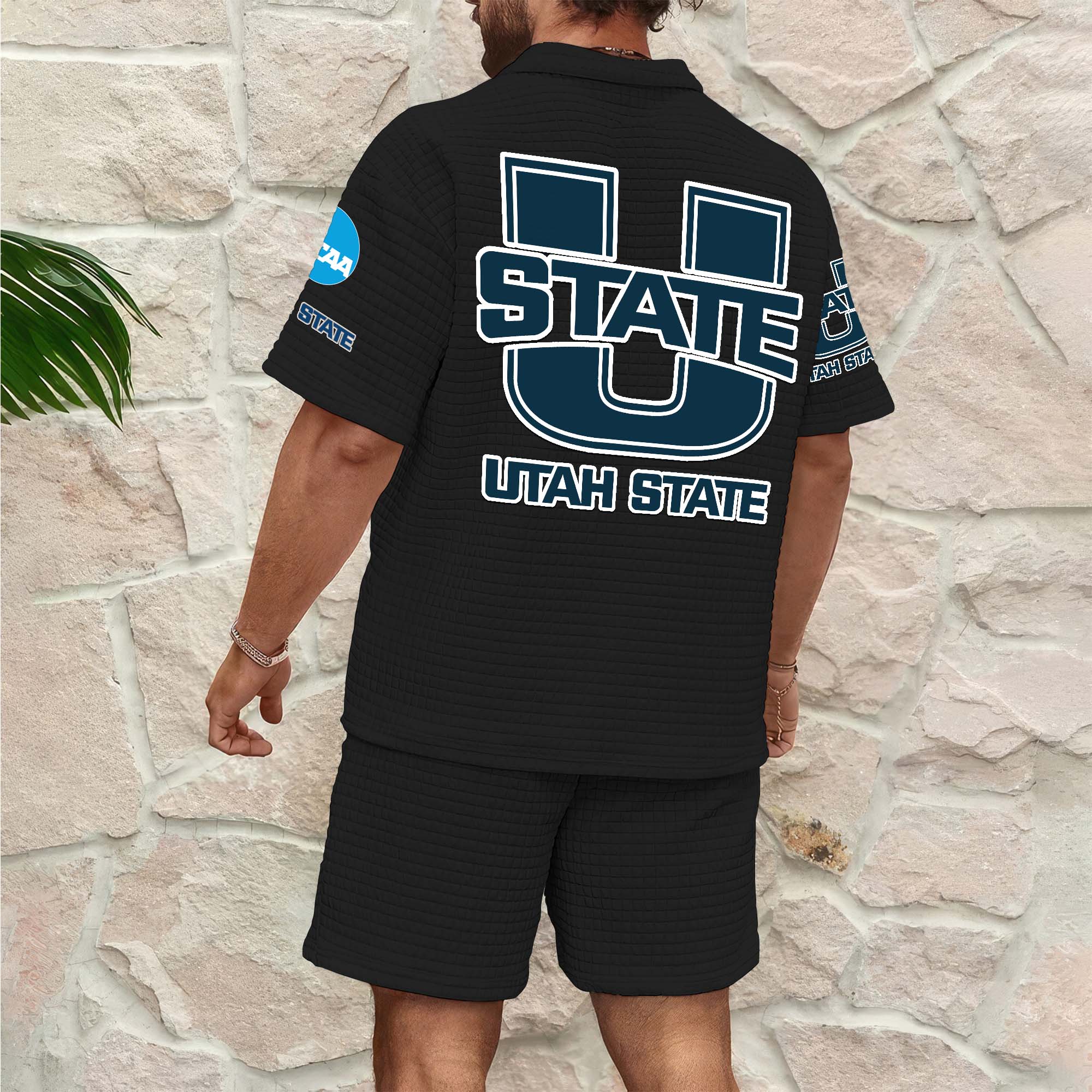 Alternative view of Utah State Aggies Men's Waffle Pattern Half Zipper Shirt And Short Custom Your Name 2025 Versions, Gifts For Football Lovers EHIVM-03151308