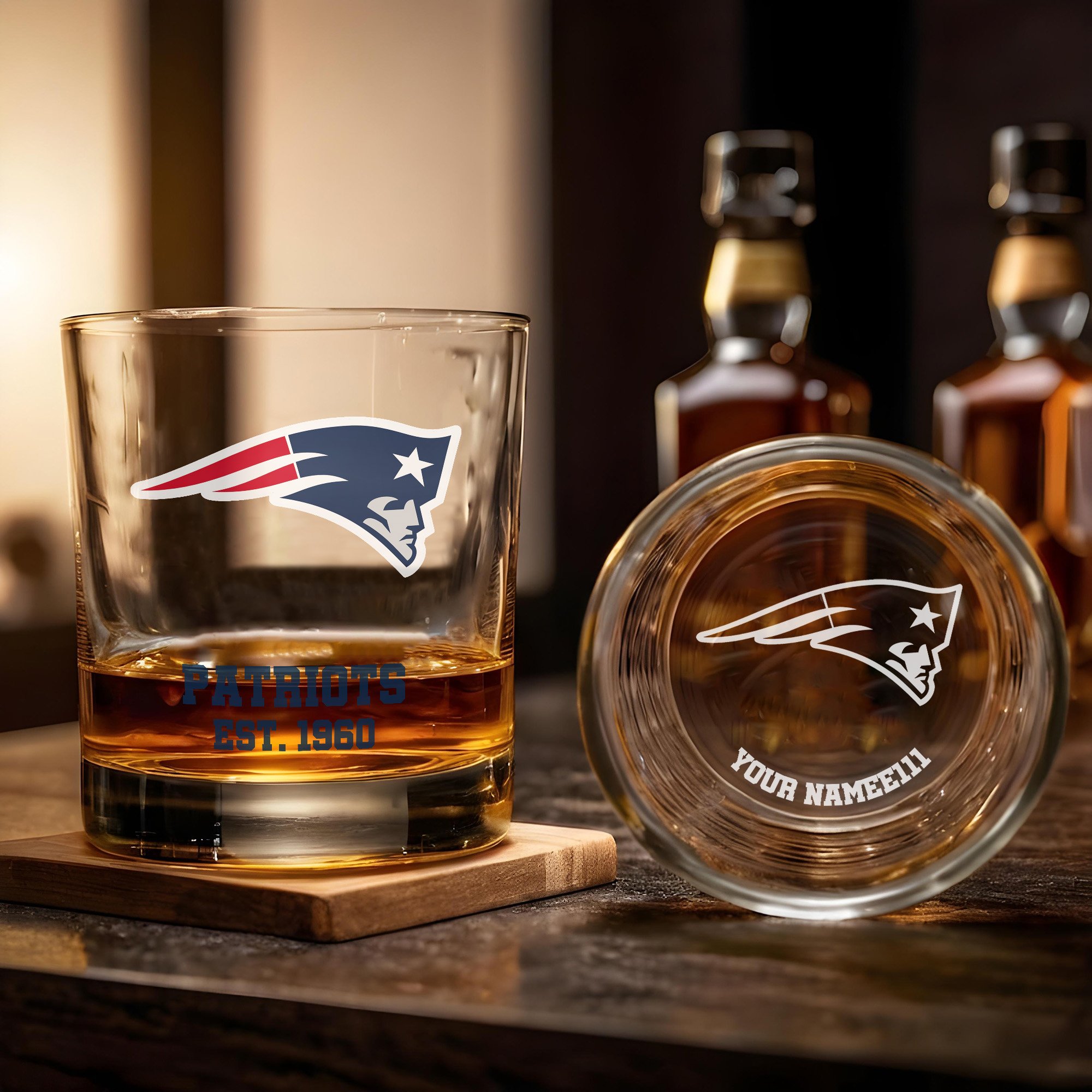 Alternative view of New England Patriots Engraved Whiskey Glass Custom Your Name, Groomsman 11oz Whiskey Glass, Football Gift, Gifts for Dad EHIVM-03271493