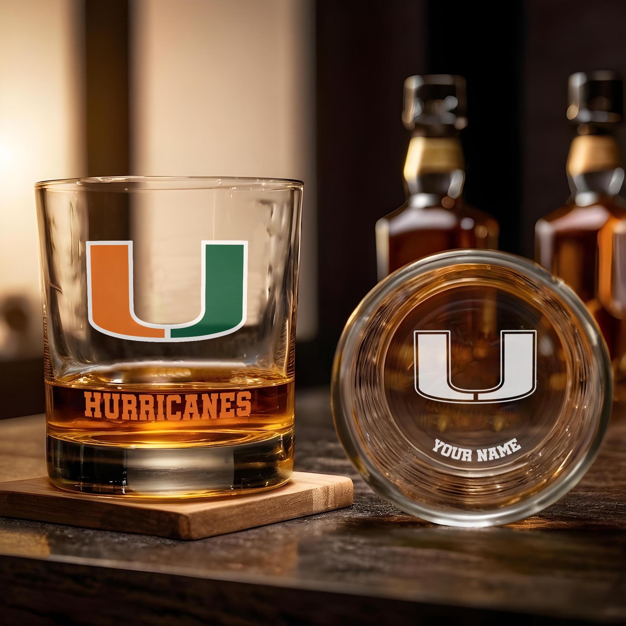 Alternative view of Miami Hurricanes Engraved Whiskey Glass Custom Your Name, Groomsman 11oz Whiskey Glass, Football Gift, Gifts for Dad EHIVM-03271494