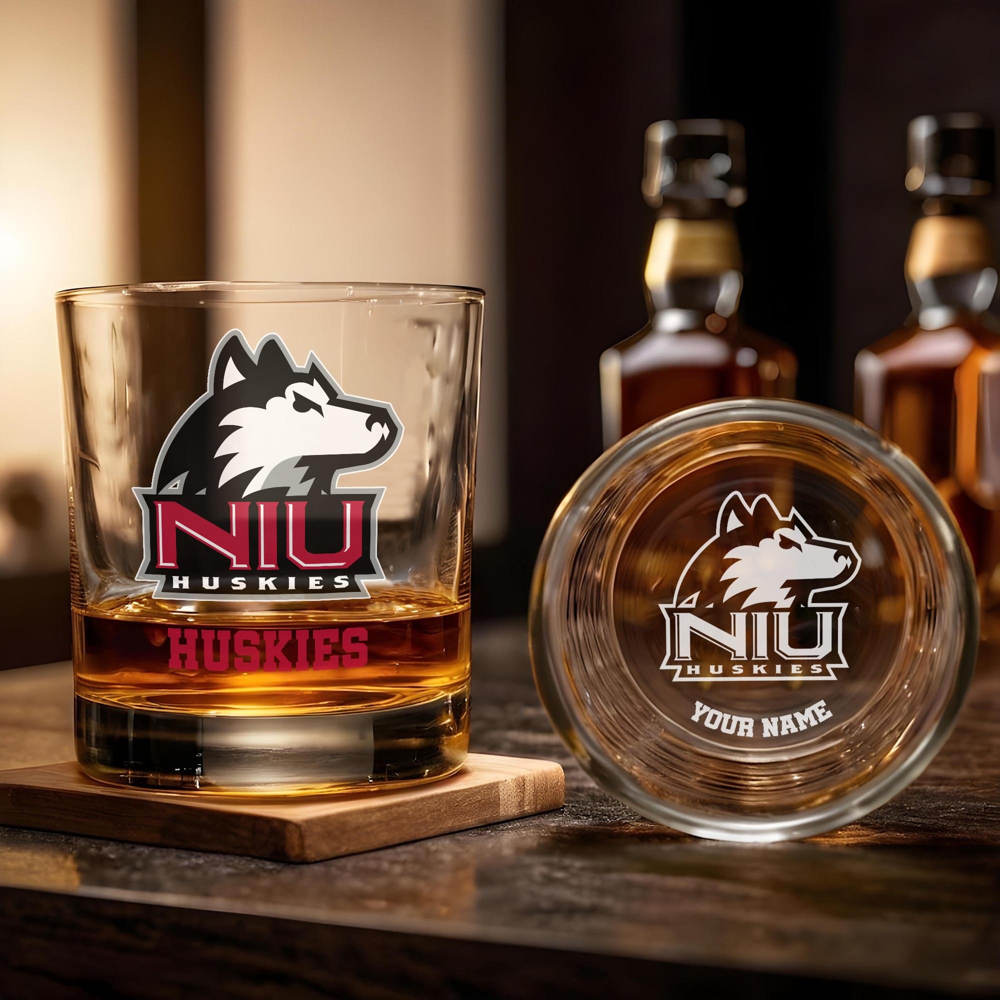 Alternative view of Northern Illinois Huskies Engraved Whiskey Glass Custom Your Name, Groomsman 11oz Whiskey Glass, Football Gift, Gifts for Dad EHIVM-03271494
