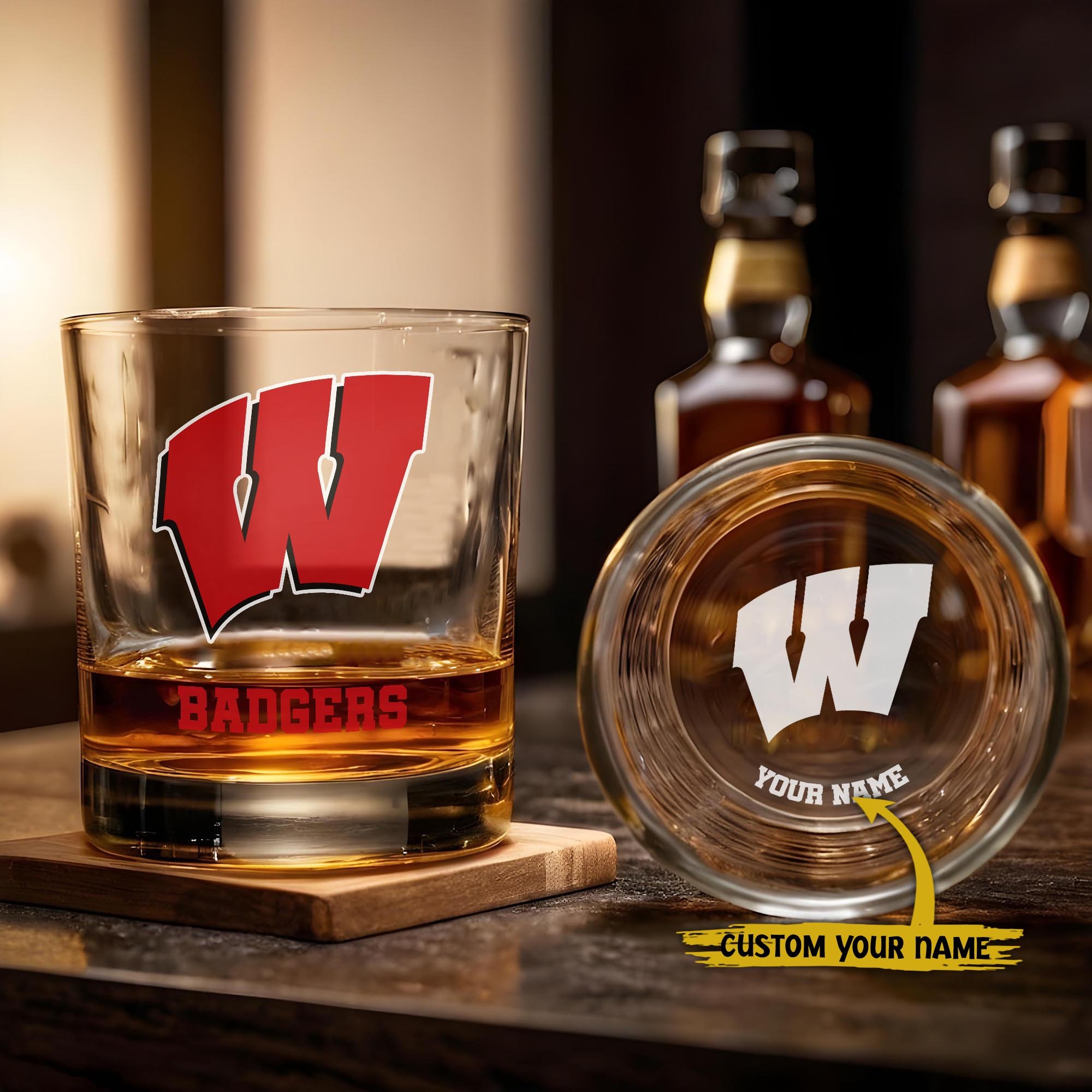 Wisconsin Badgers Engraved Whiskey Glass Custom Your Name, Groomsman 11oz Whiskey Glass, Football Gift, Gifts for Dad EHIVM-03271494