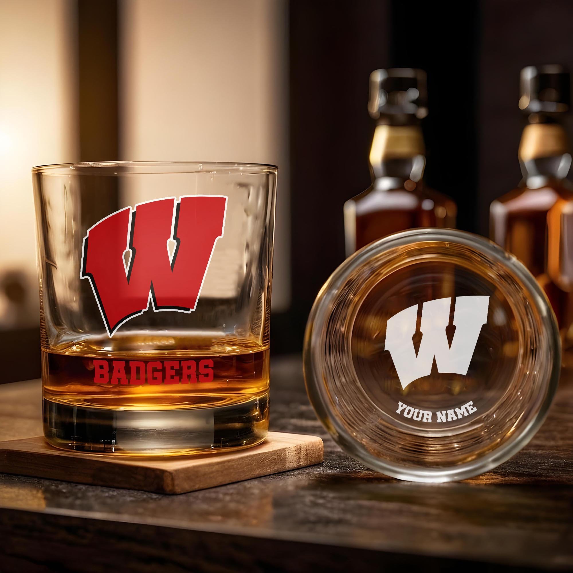 Alternative view of Wisconsin Badgers Engraved Whiskey Glass Custom Your Name, Groomsman 11oz Whiskey Glass, Football Gift, Gifts for Dad EHIVM-03271494