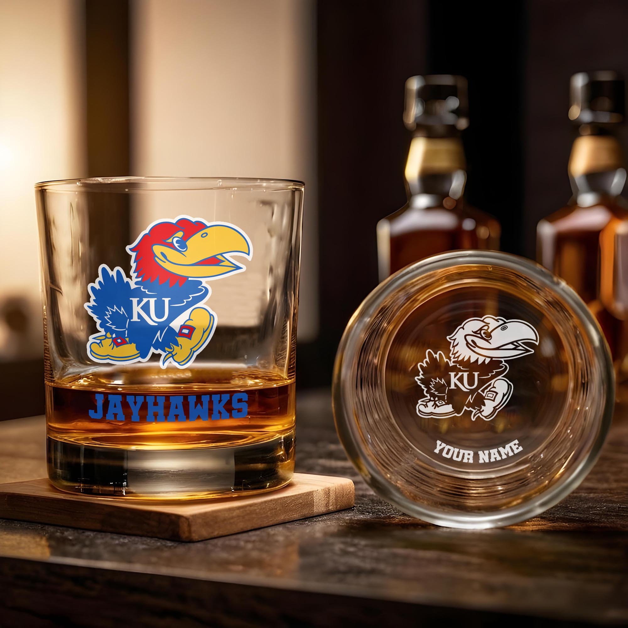 Alternative view of Kansas Jayhawks Engraved Whiskey Glass Custom Your Name, Groomsman 11oz Whiskey Glass, Football Gift, Gifts for Dad EHIVM-03271494