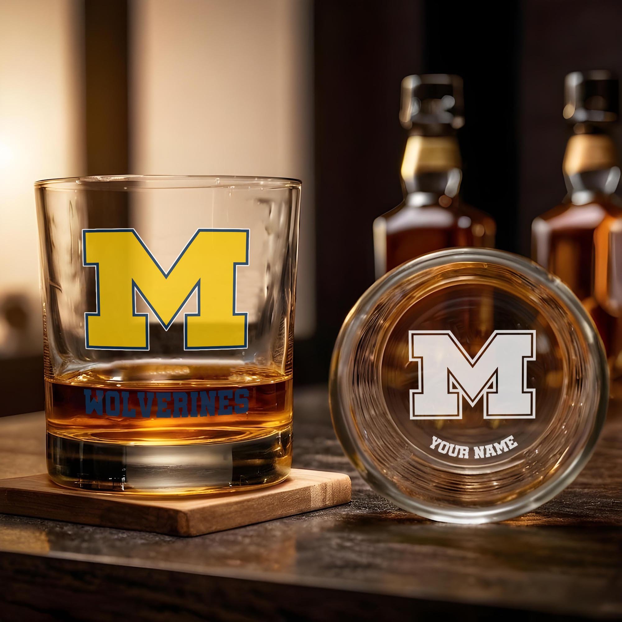 Alternative view of Michigan Wolverines Engraved Whiskey Glass Custom Your Name, Groomsman 11oz Whiskey Glass, Football Gift, Gifts for Dad EHIVM-03271494