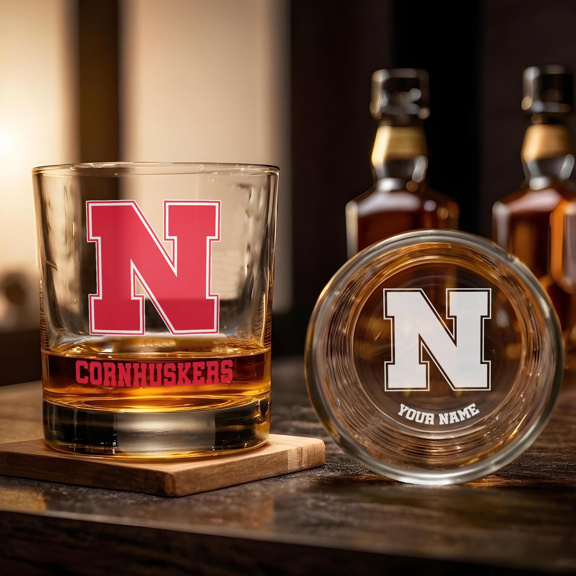 Alternative view of Nebraska Cornhuskers Engraved Whiskey Glass Custom Your Name, Groomsman 11oz Whiskey Glass, Football Gift, Gifts for Dad EHIVM-03271494