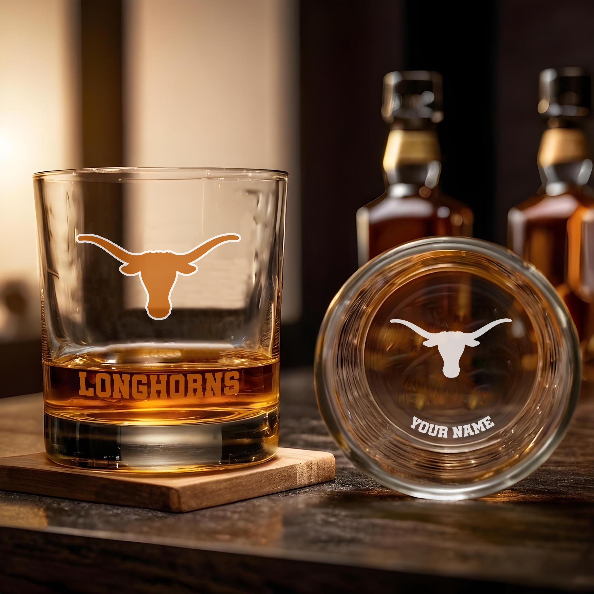 Alternative view of Texas Longhorns Engraved Whiskey Glass Custom Your Name, Groomsman 11oz Whiskey Glass, Football Gift, Gifts for Dad EHIVM-03271494