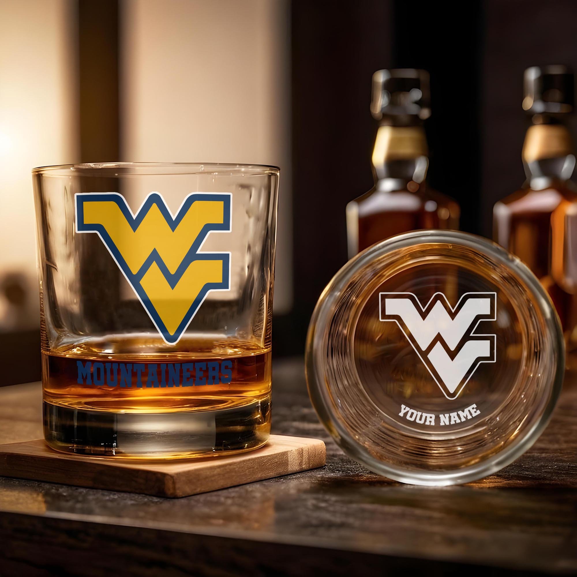 Alternative view of West Virginia Mountaineers Engraved Whiskey Glass Custom Your Name, Groomsman 11oz Whiskey Glass, Football Gift, Gifts for Dad EHIVM-03271494